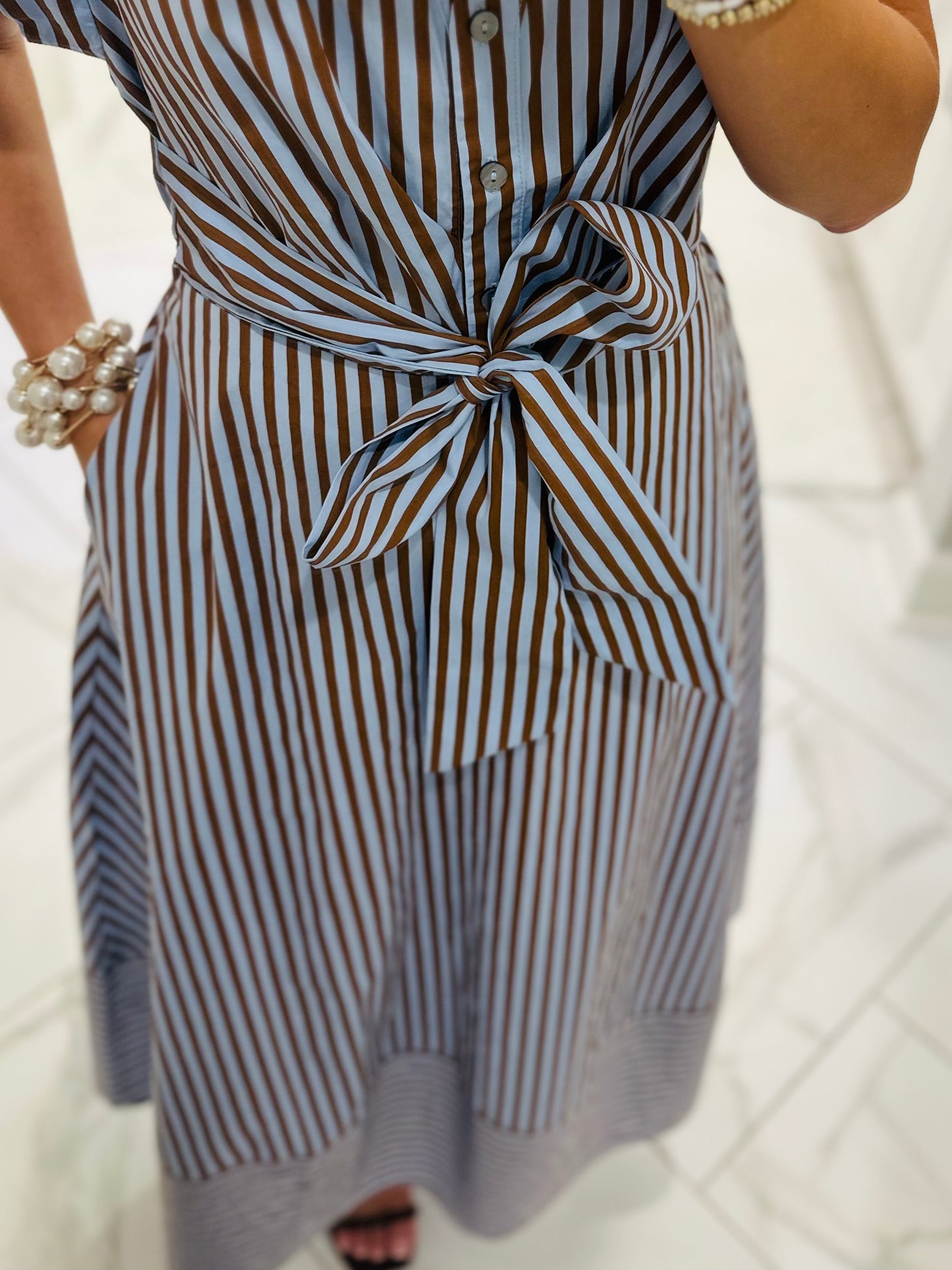 The Charity Blue + Brown Striped Midi Dress