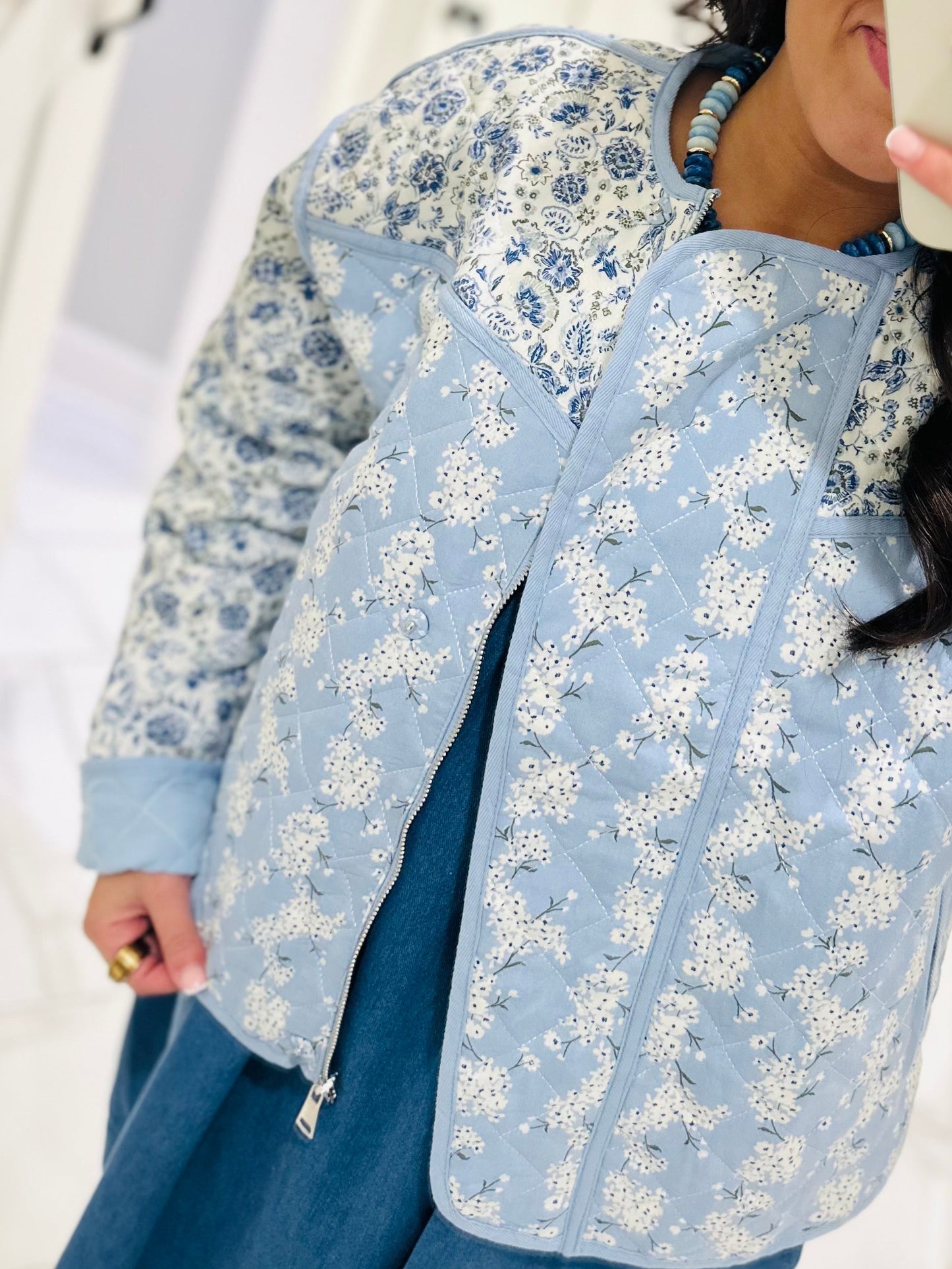 The Amelia Blue Floral Quilted Jacket