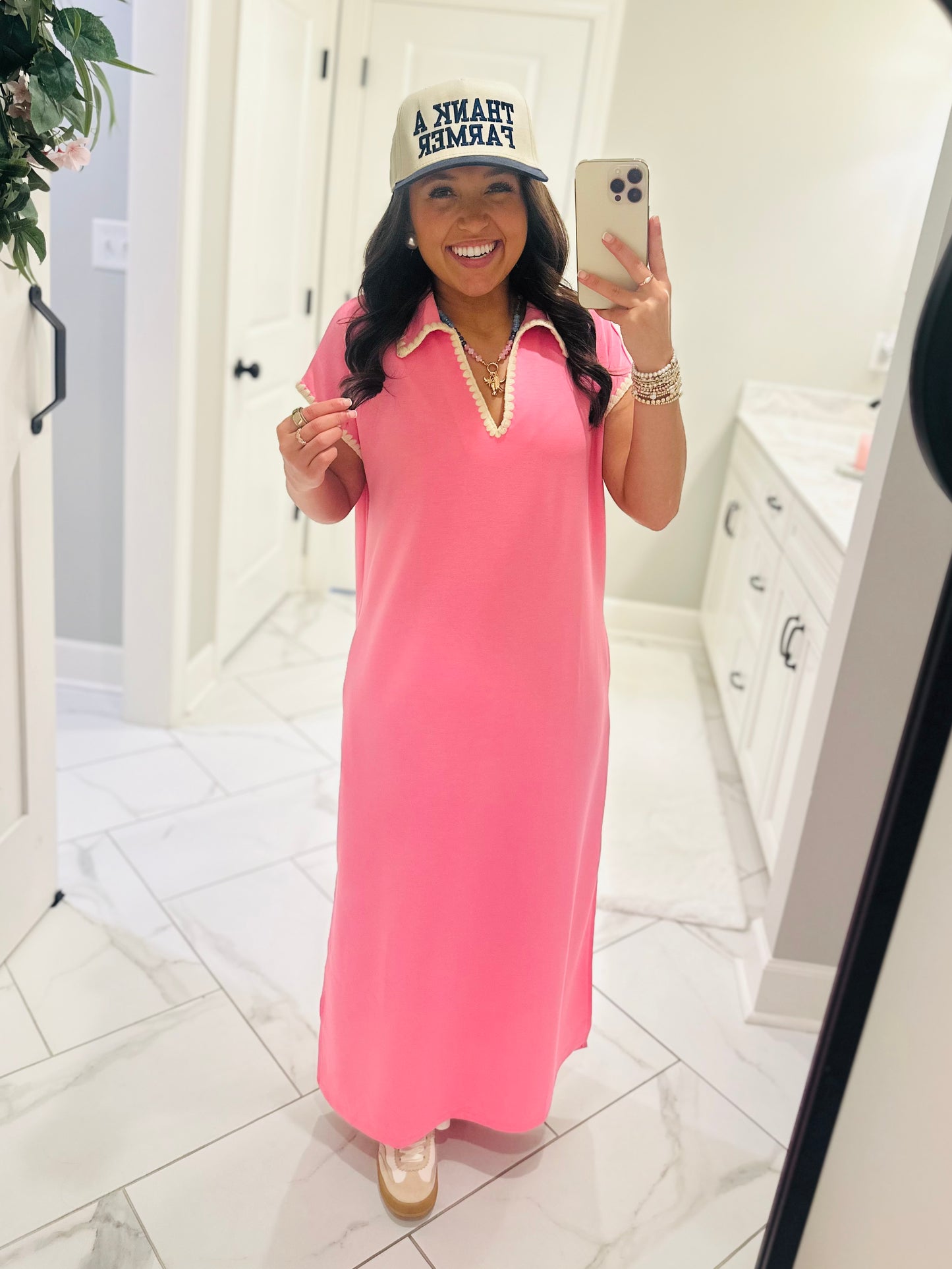 The Sarah Pink Collared Stitch Midi Dress