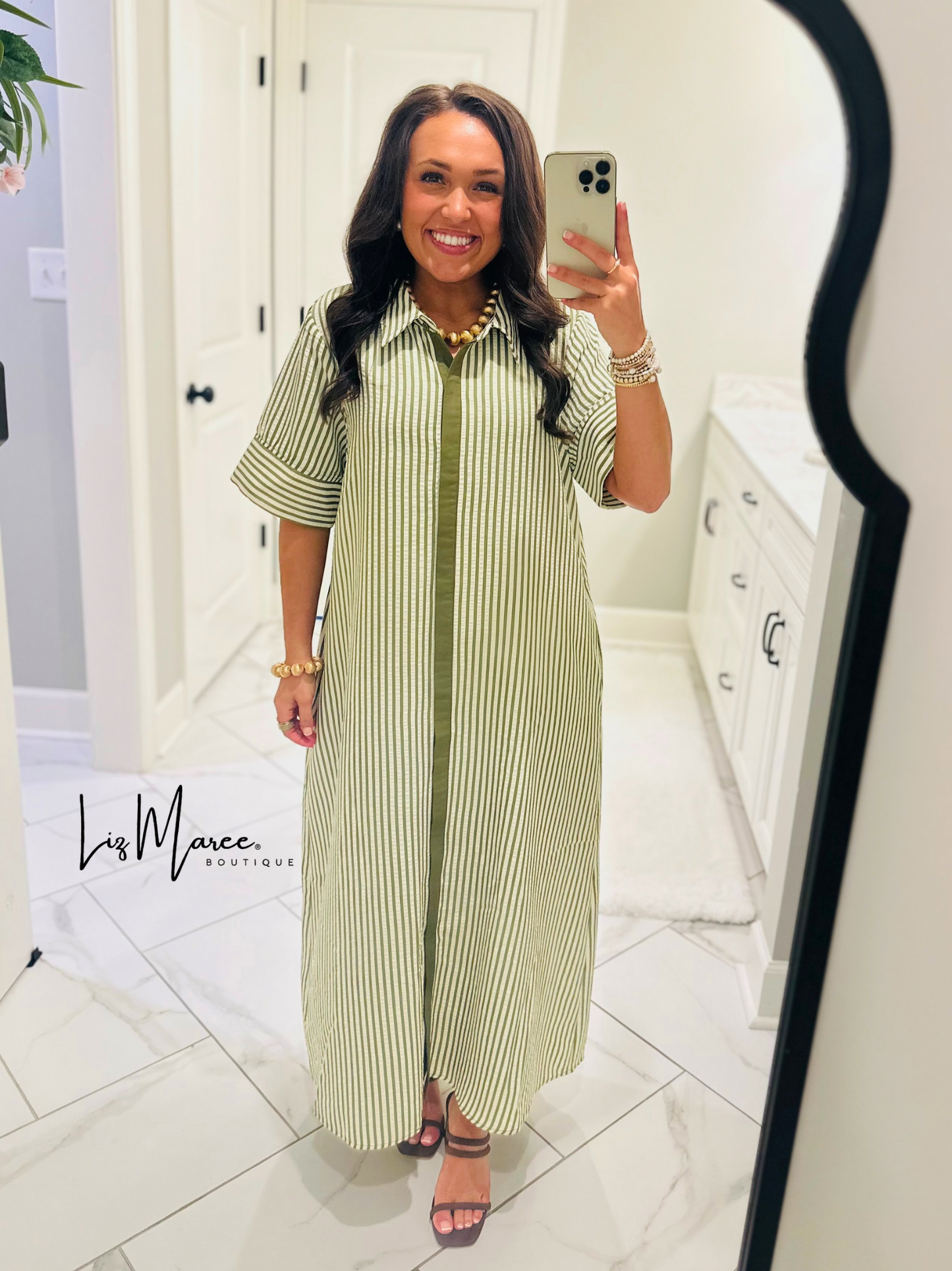 The Nora Olive Green Striped Midi Dress