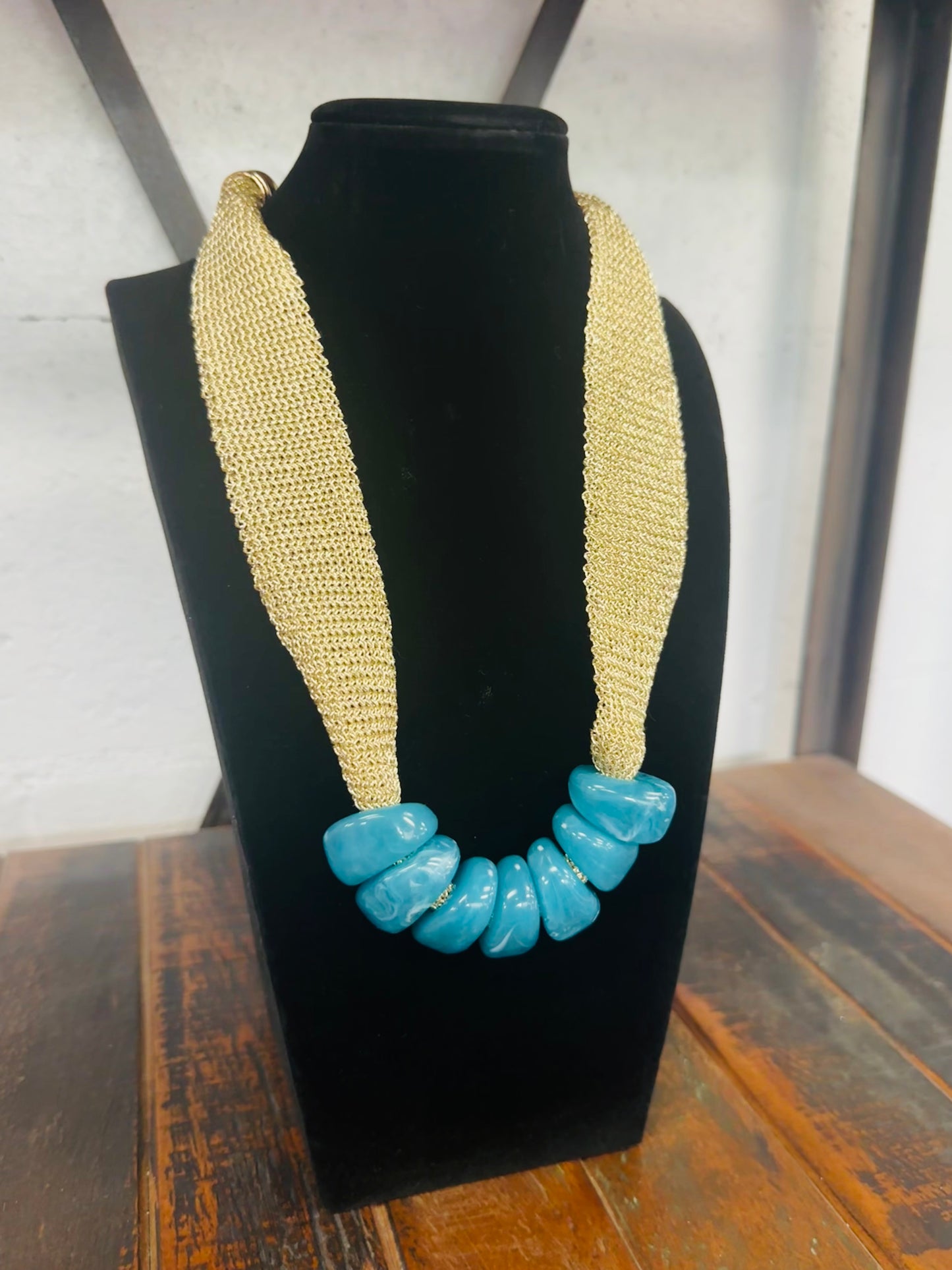 Turquoise + Gold Mesh Fabric Statement Necklace