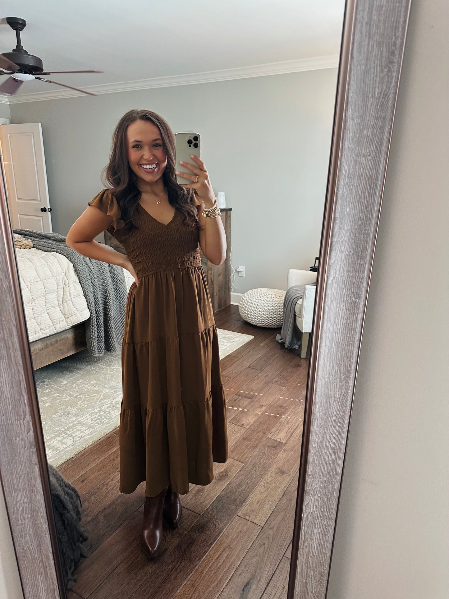 The Maple Copper Brown Flutter Sleeve Smocked Midi Dress