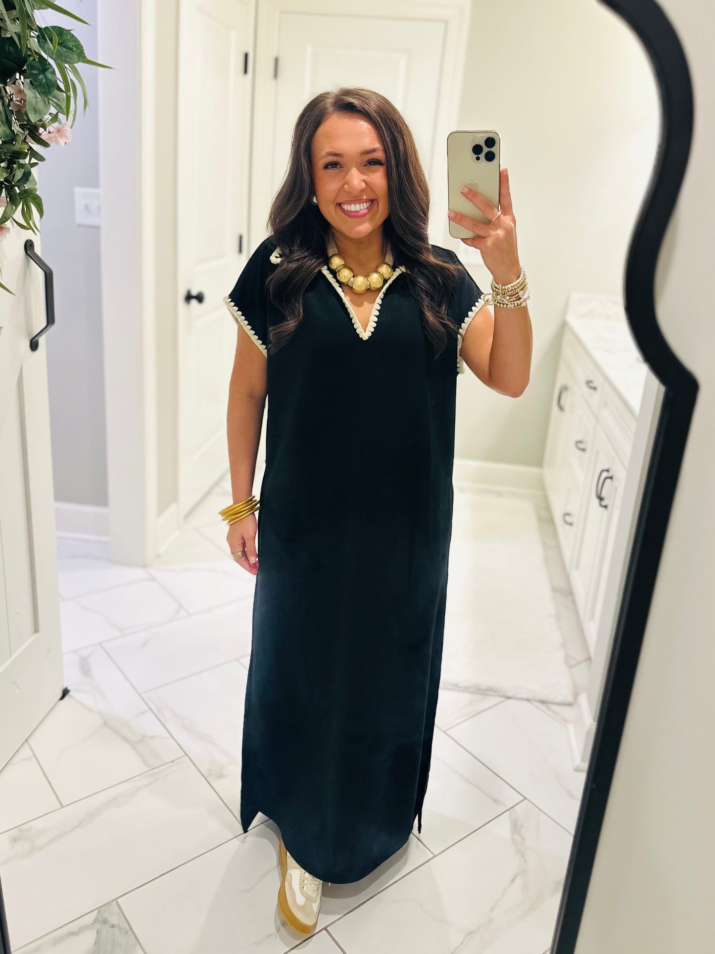 The Sarah Black Collared Stitch Midi Dress