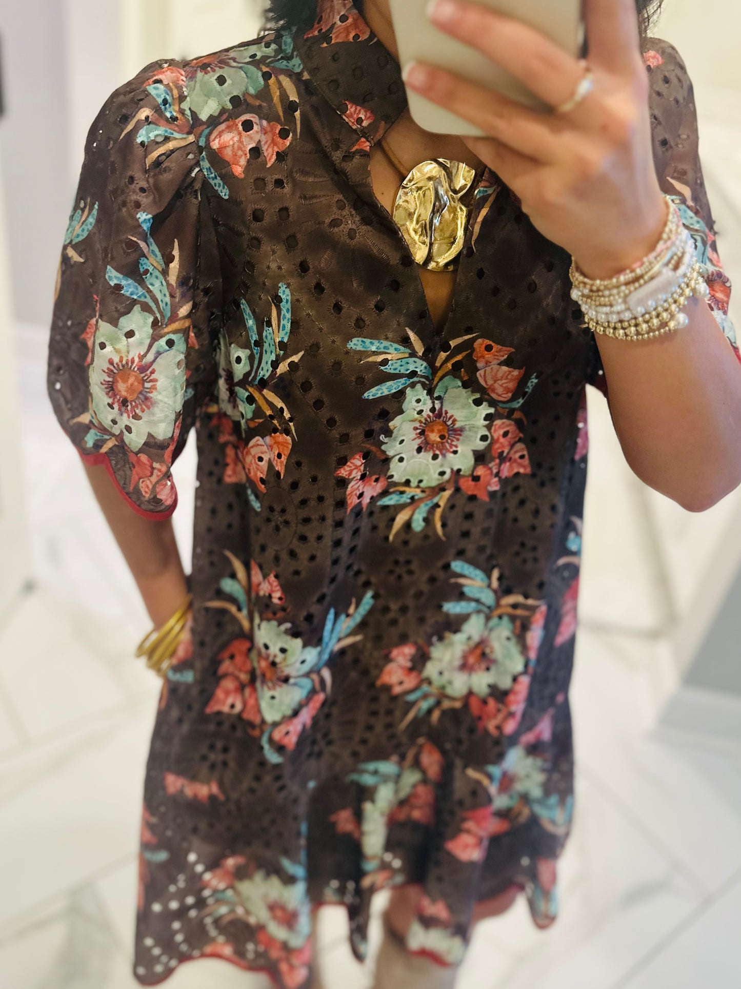 The Brinley Brown Floral Eyelet Scallop Dress