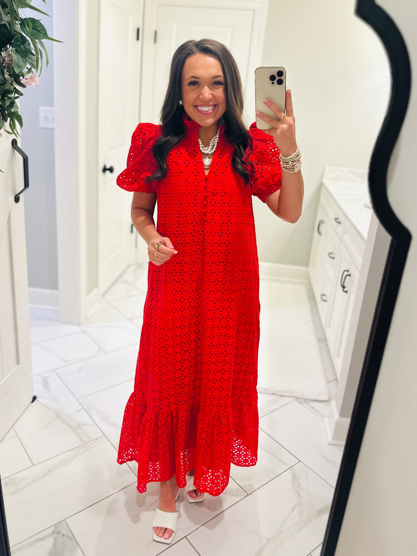 The Liz Red Eyelet Midi Dress