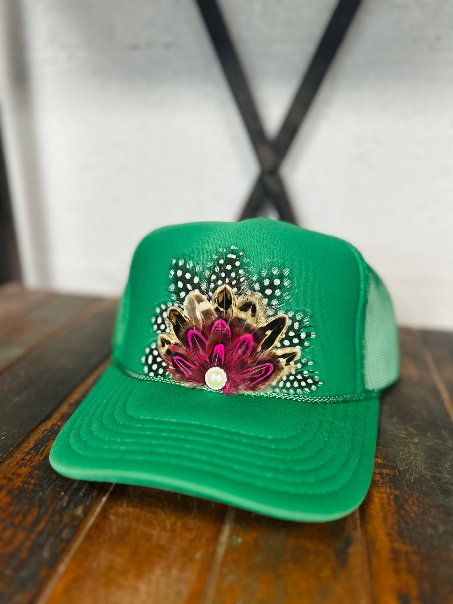 Green & Pink Feather + Pearl Trucker Hat