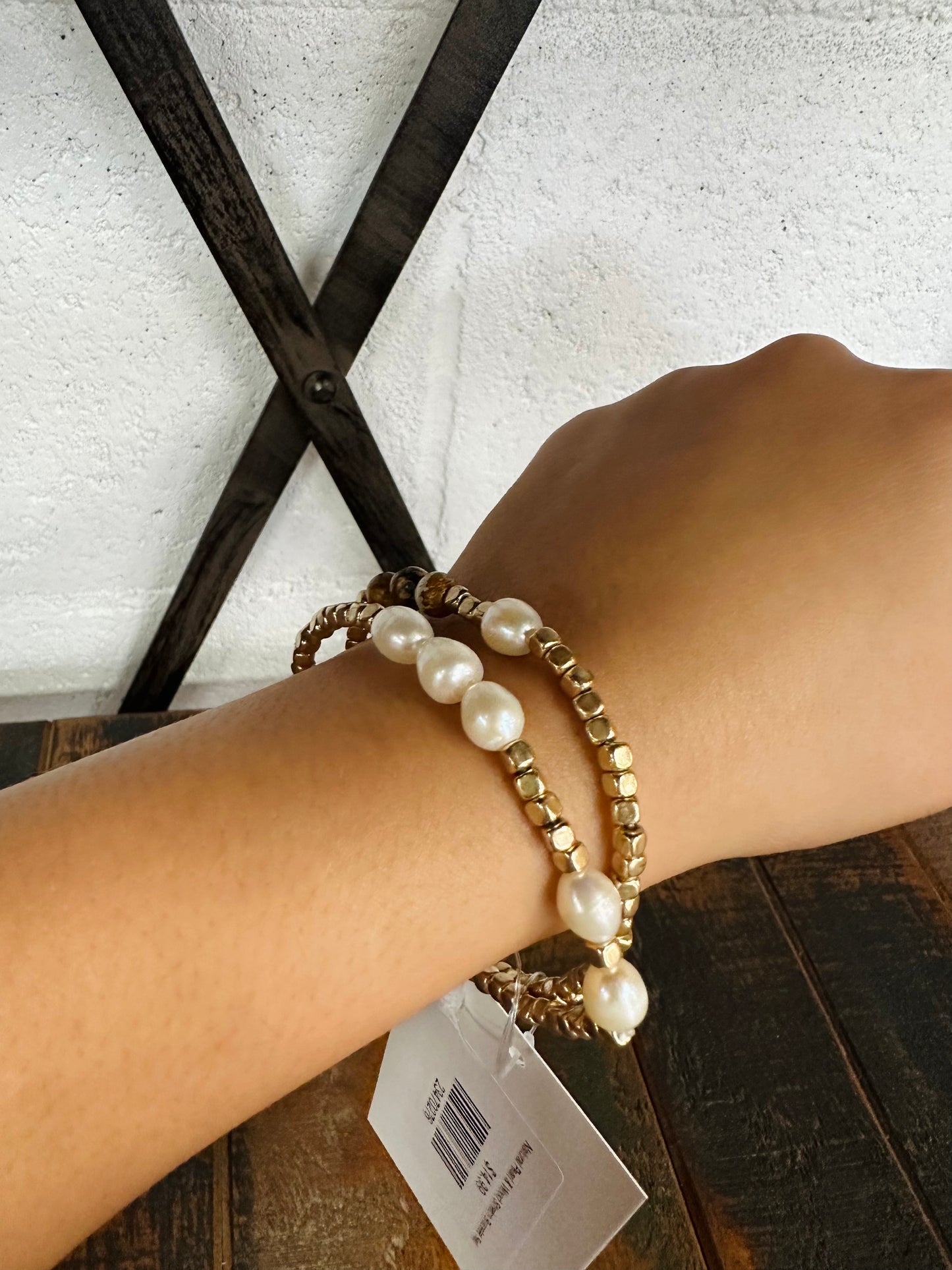 Natural Pearl & Wood Stretch Bracelet Set