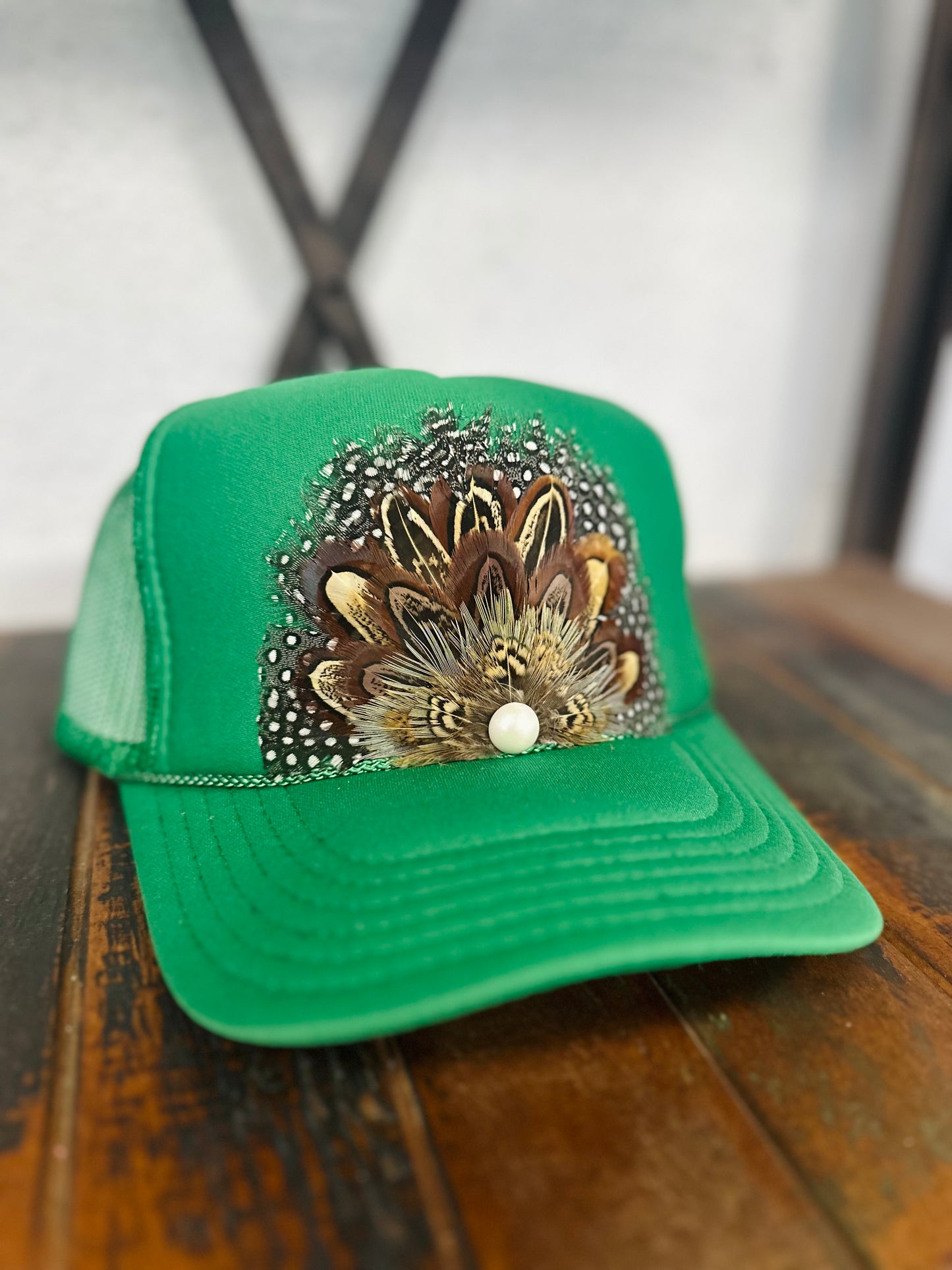 Green Feather + Pearl Trucker Hat