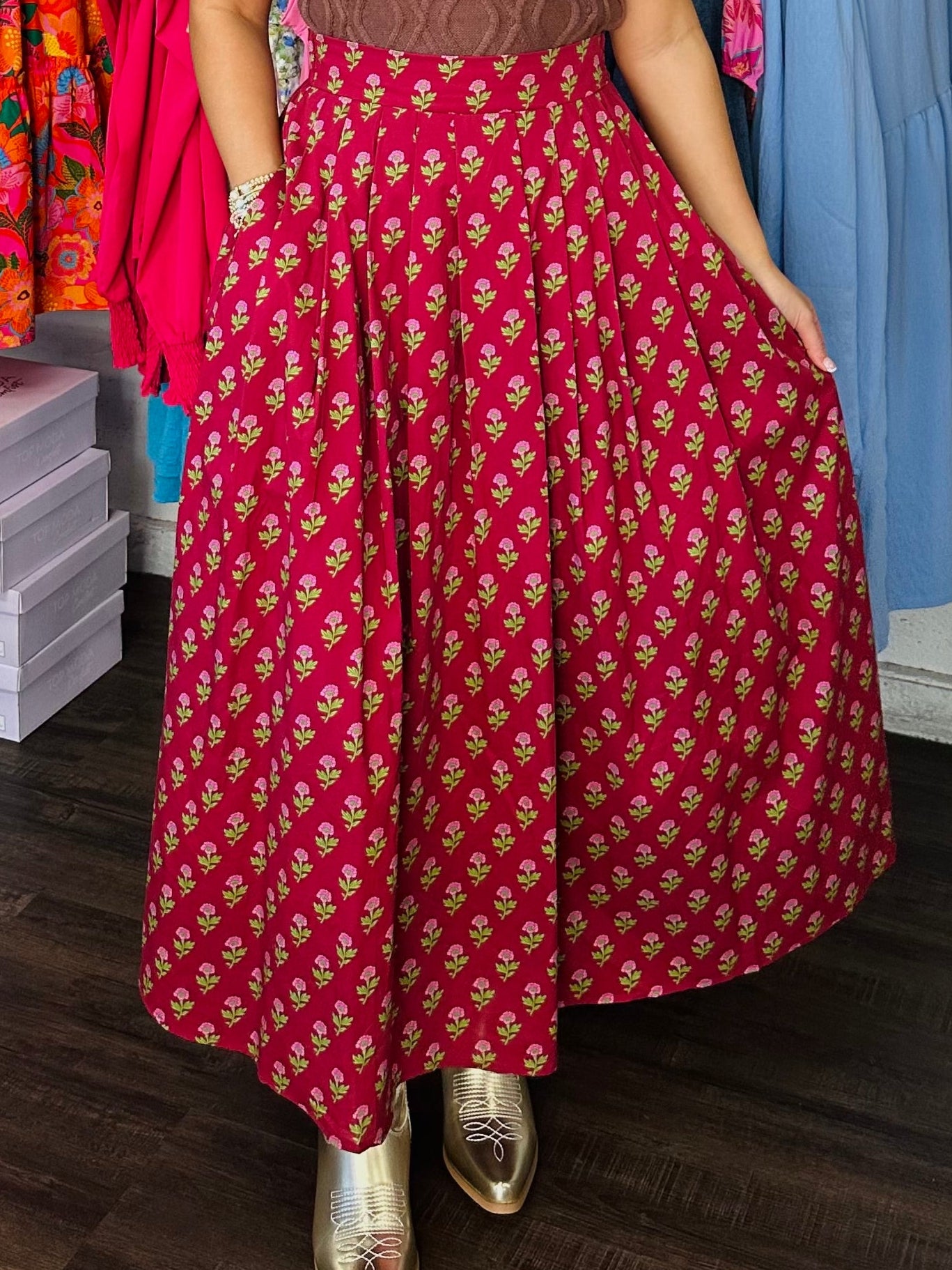 The Austin Burgundy Floral Midi Skirt