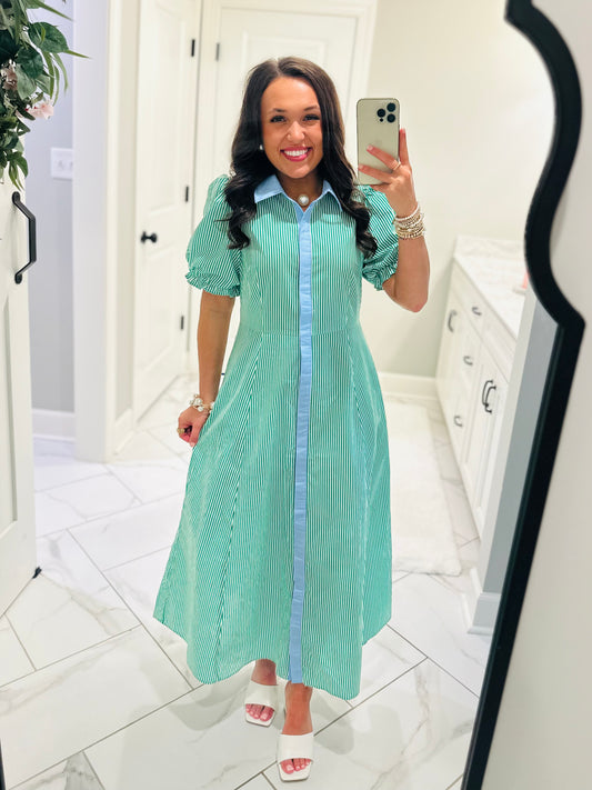 The Remy Green Striped Midi Dress