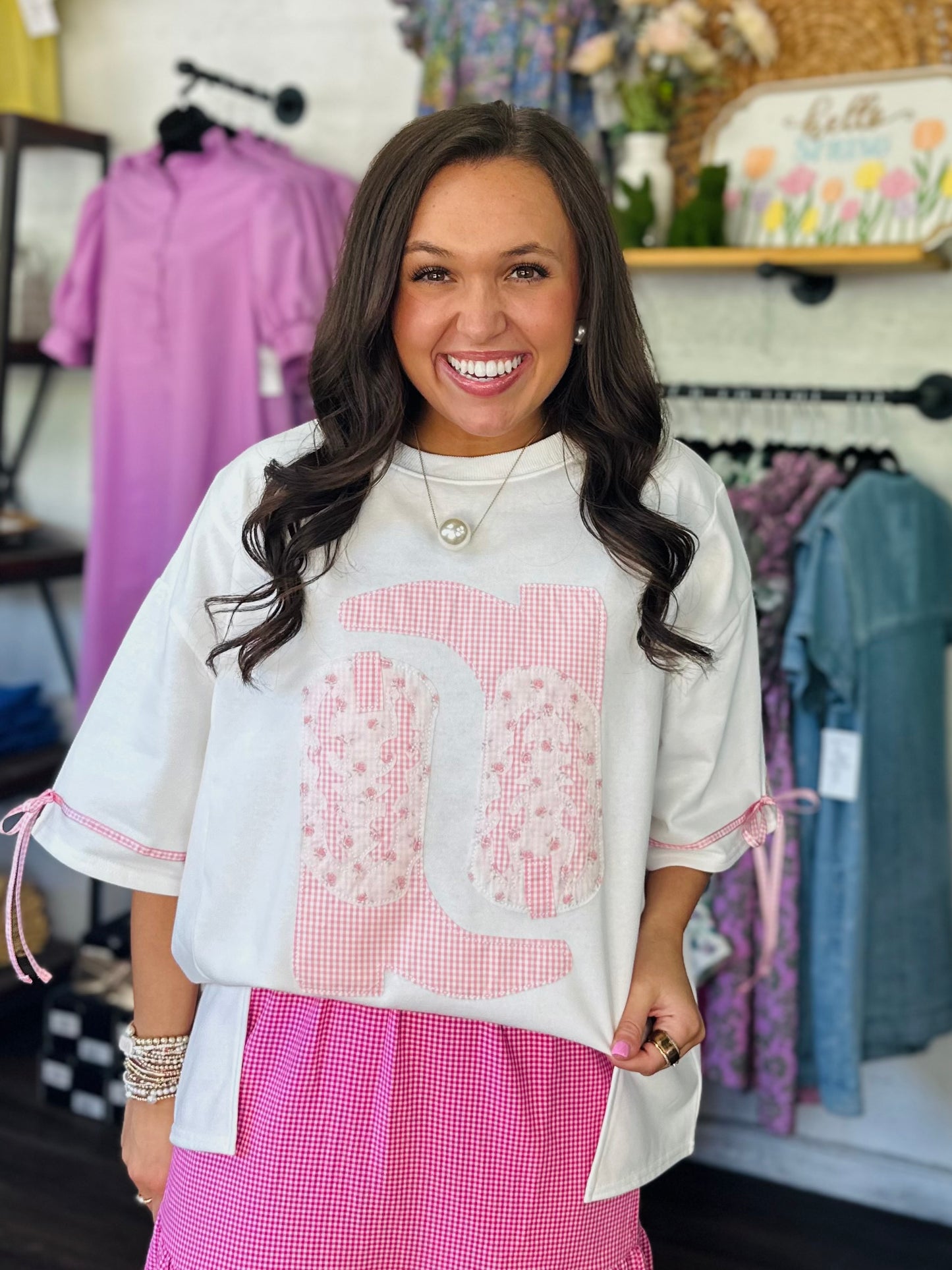 The Paisley Pink Patchwork + Gingham Cowboy Boot Tee