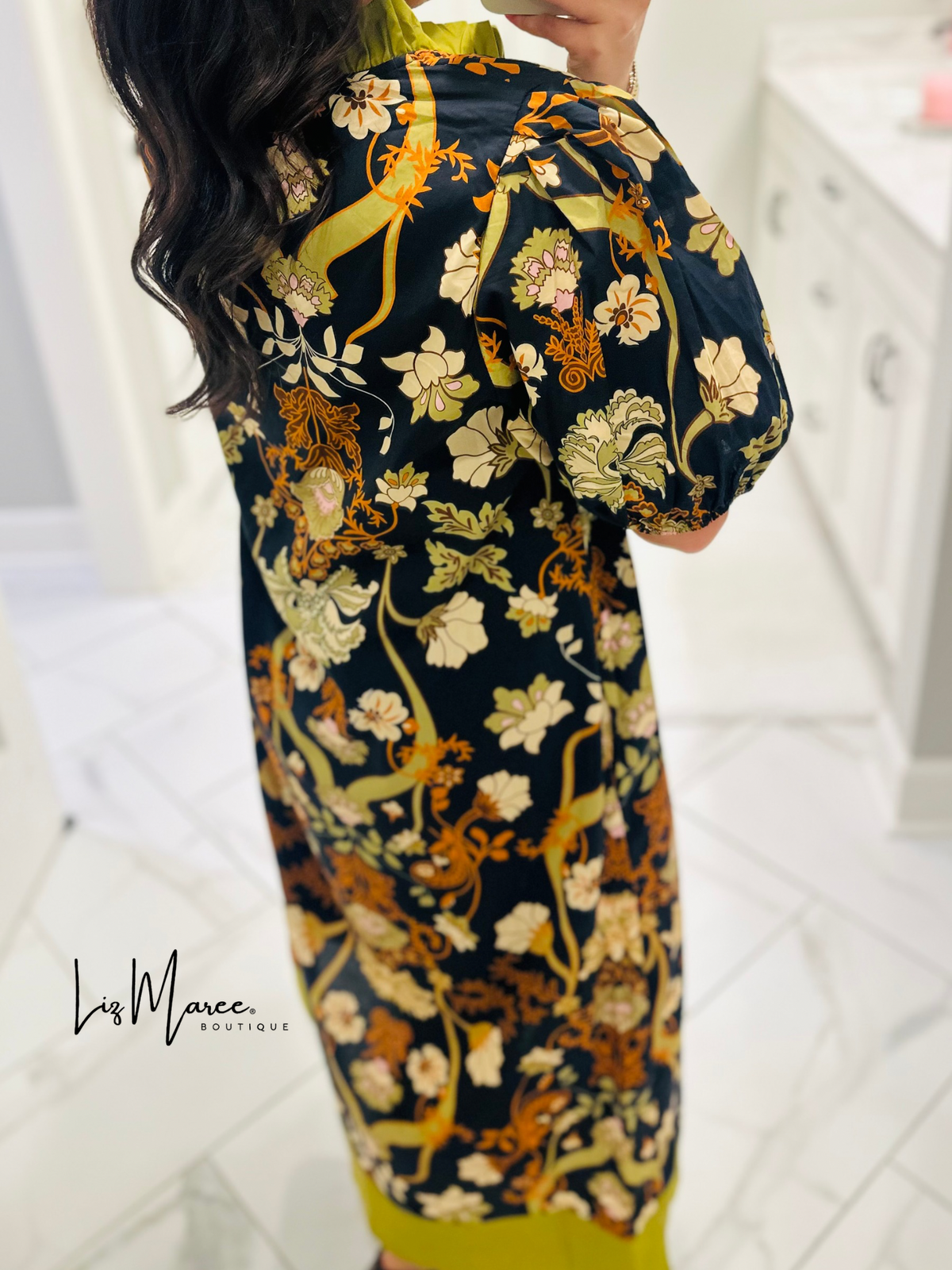 The Francesca Black + Olive Green Floral Midi Dress