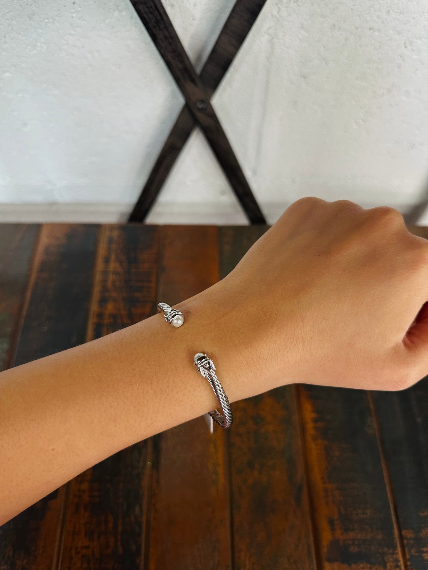 Silver Pearl End Cable Cuff Bracelet