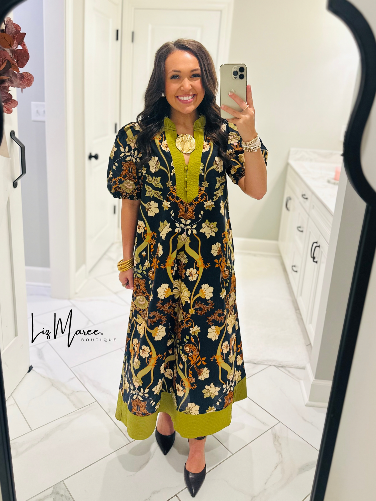 The Francesca Black + Olive Green Floral Midi Dress