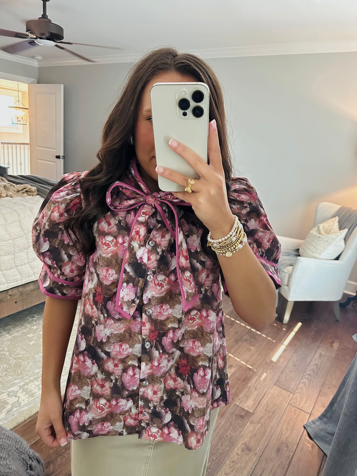The Maggie Pink + Brown Floral Bow Top