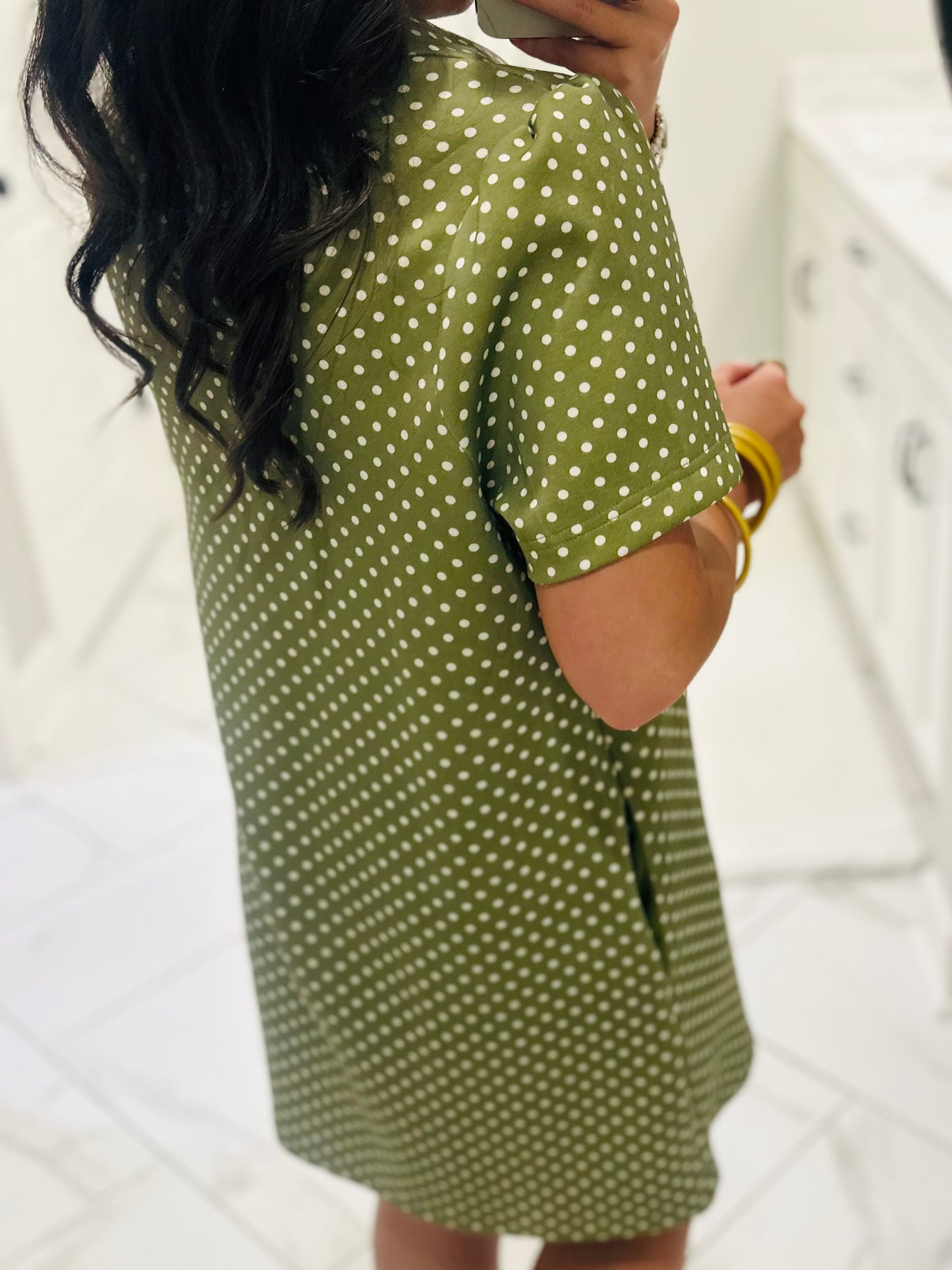 The Hadley Olive Green Polka Dot Quarter Zip Dress