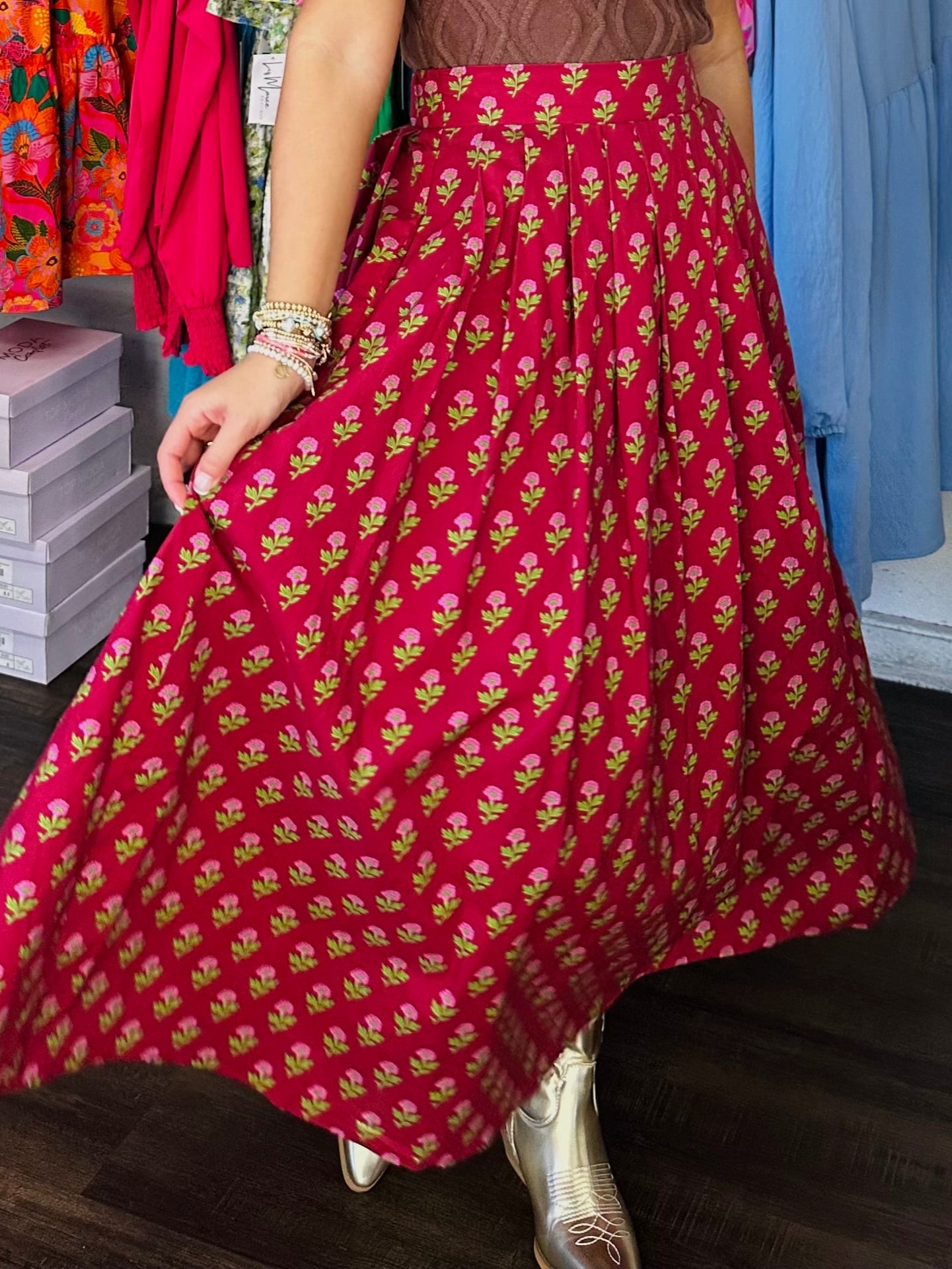 The Austin Burgundy Floral Midi Skirt