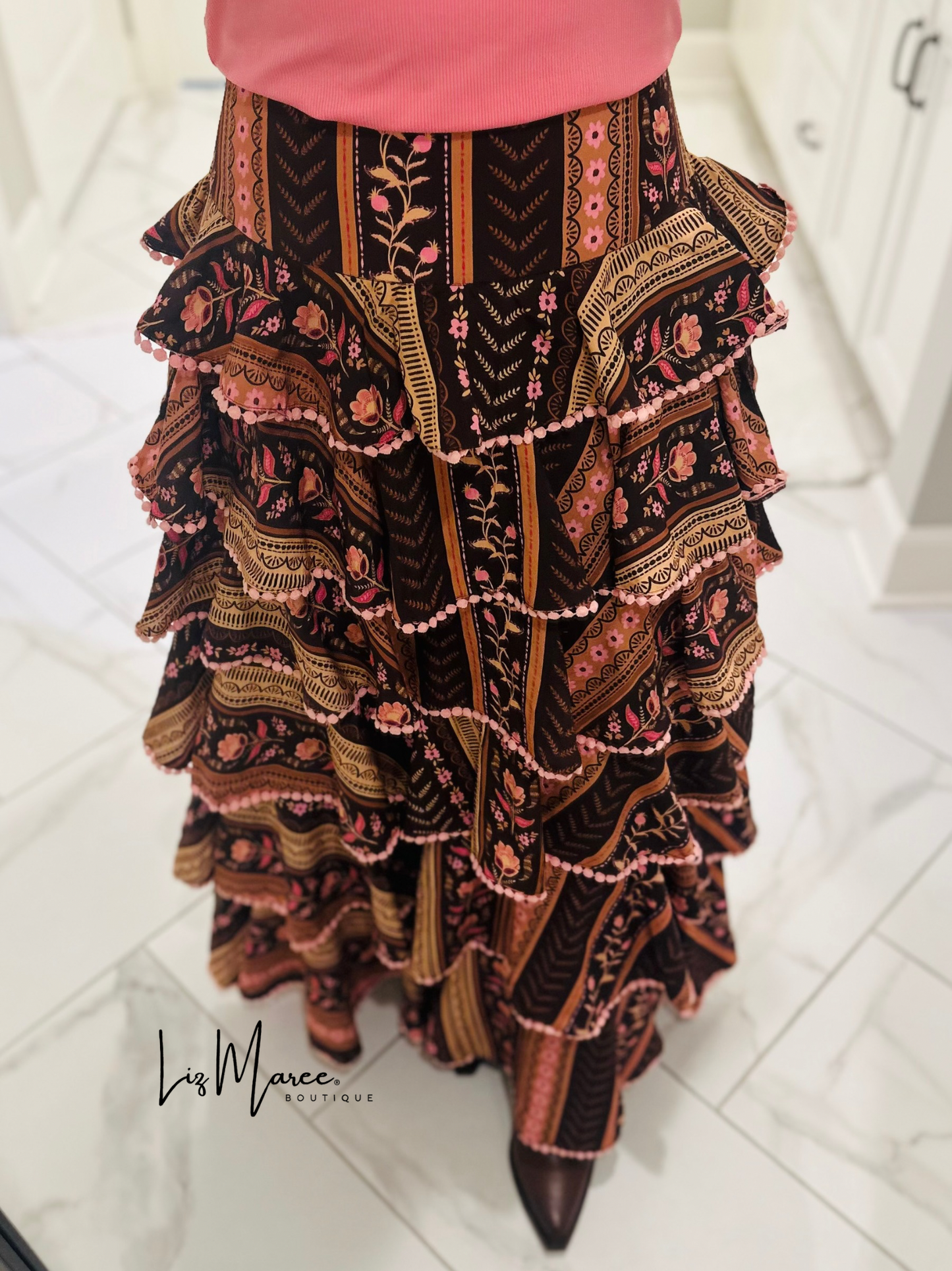 The Aubree Chocolate Brown Tiered Maxi Skirt