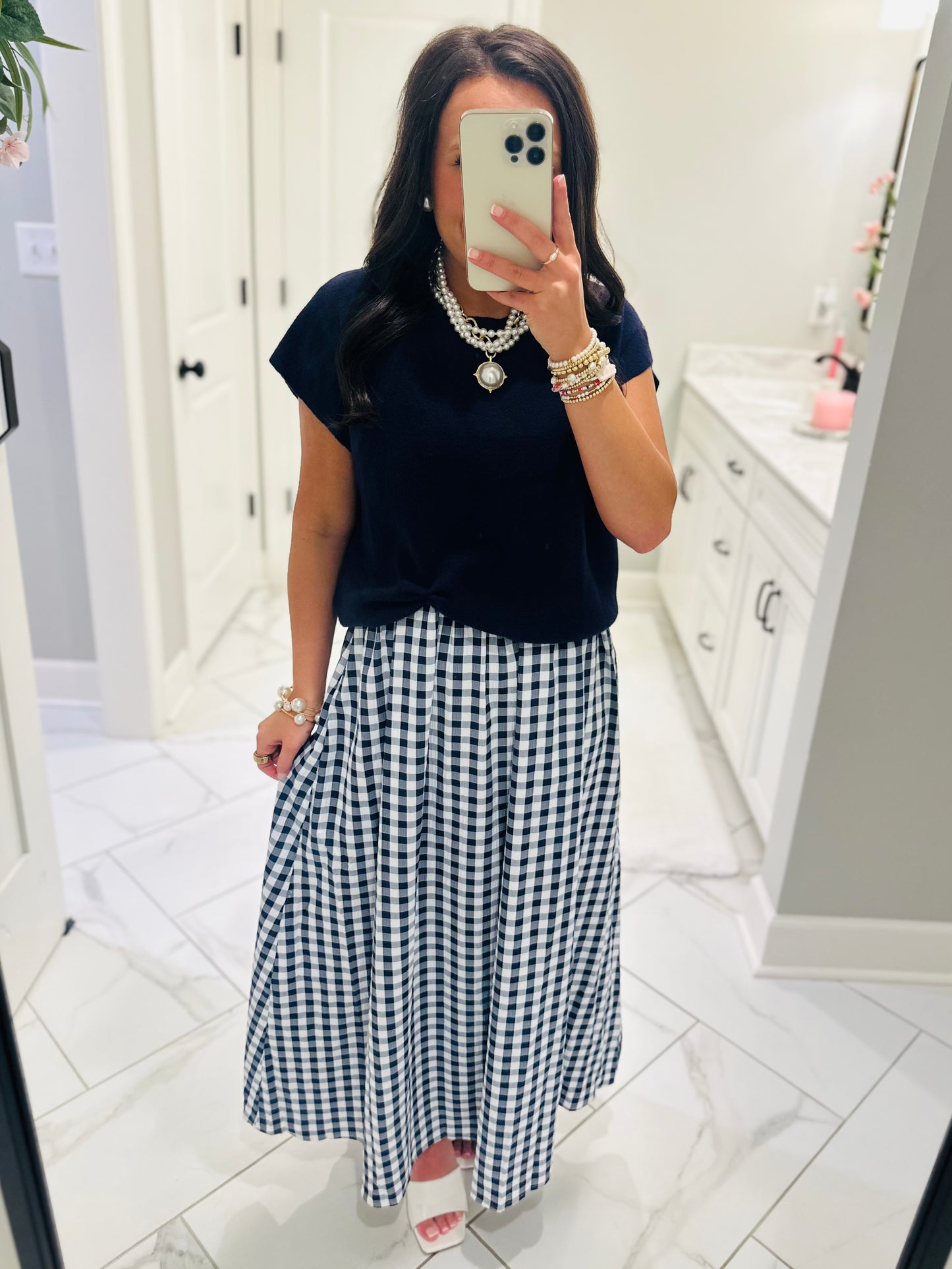 The Chloe Navy Layered Gingham Midi Dress