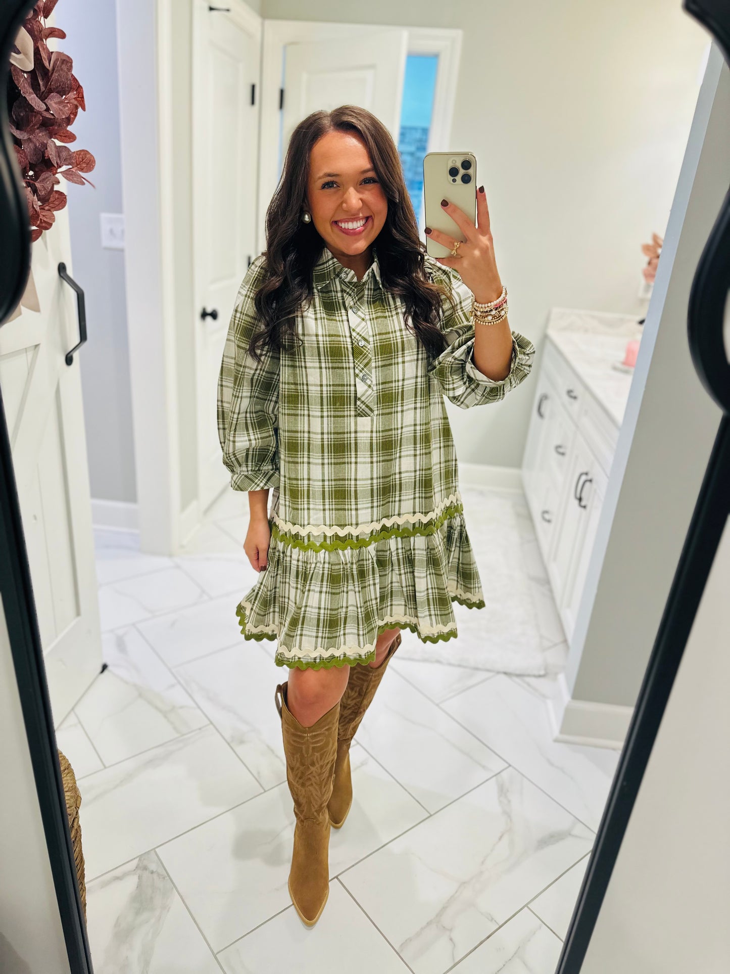 The Gale Olive Green Plaid Dress