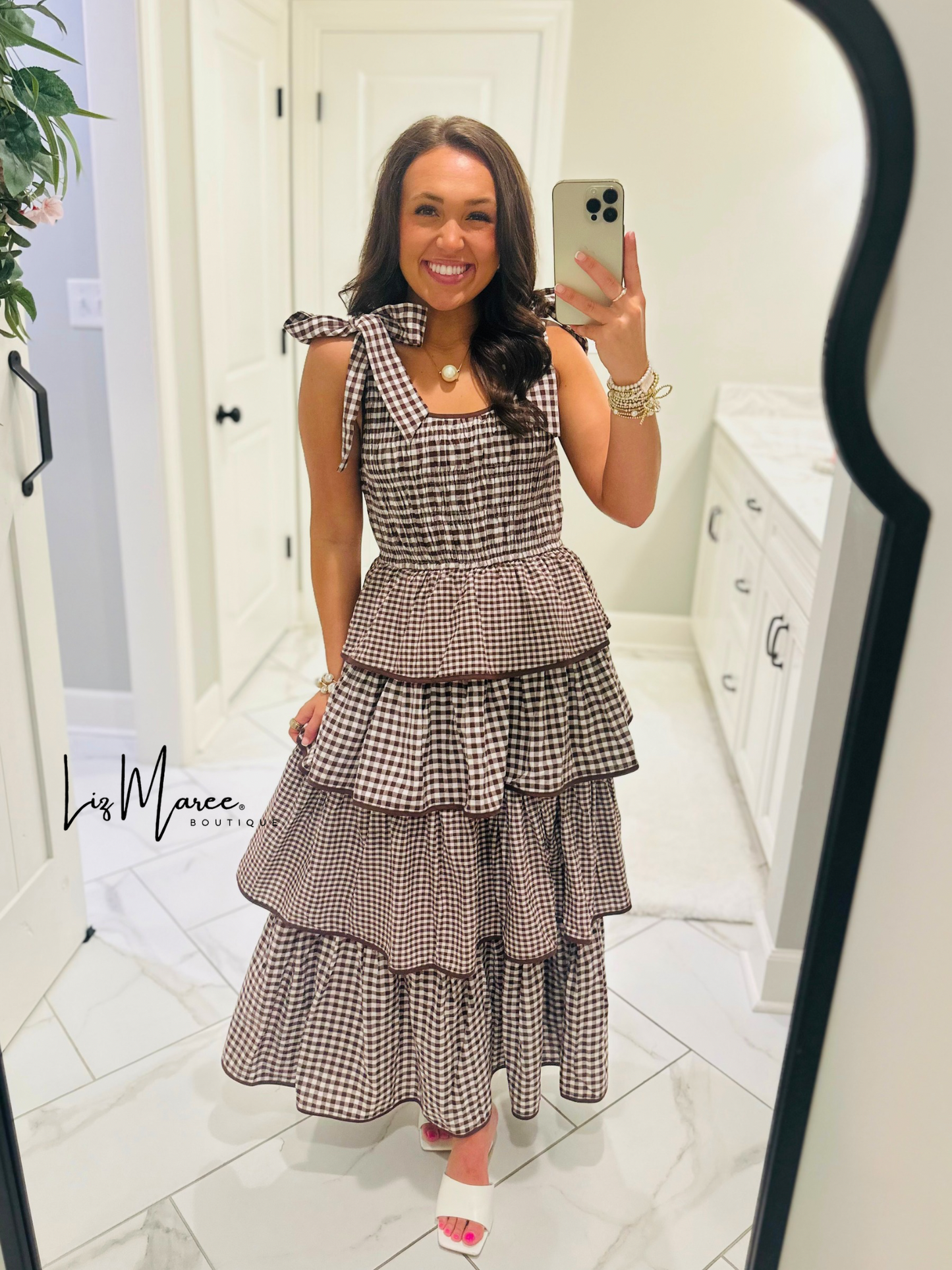 The Kacie Brown Gingham Tiered Ruffle Midi Dress
