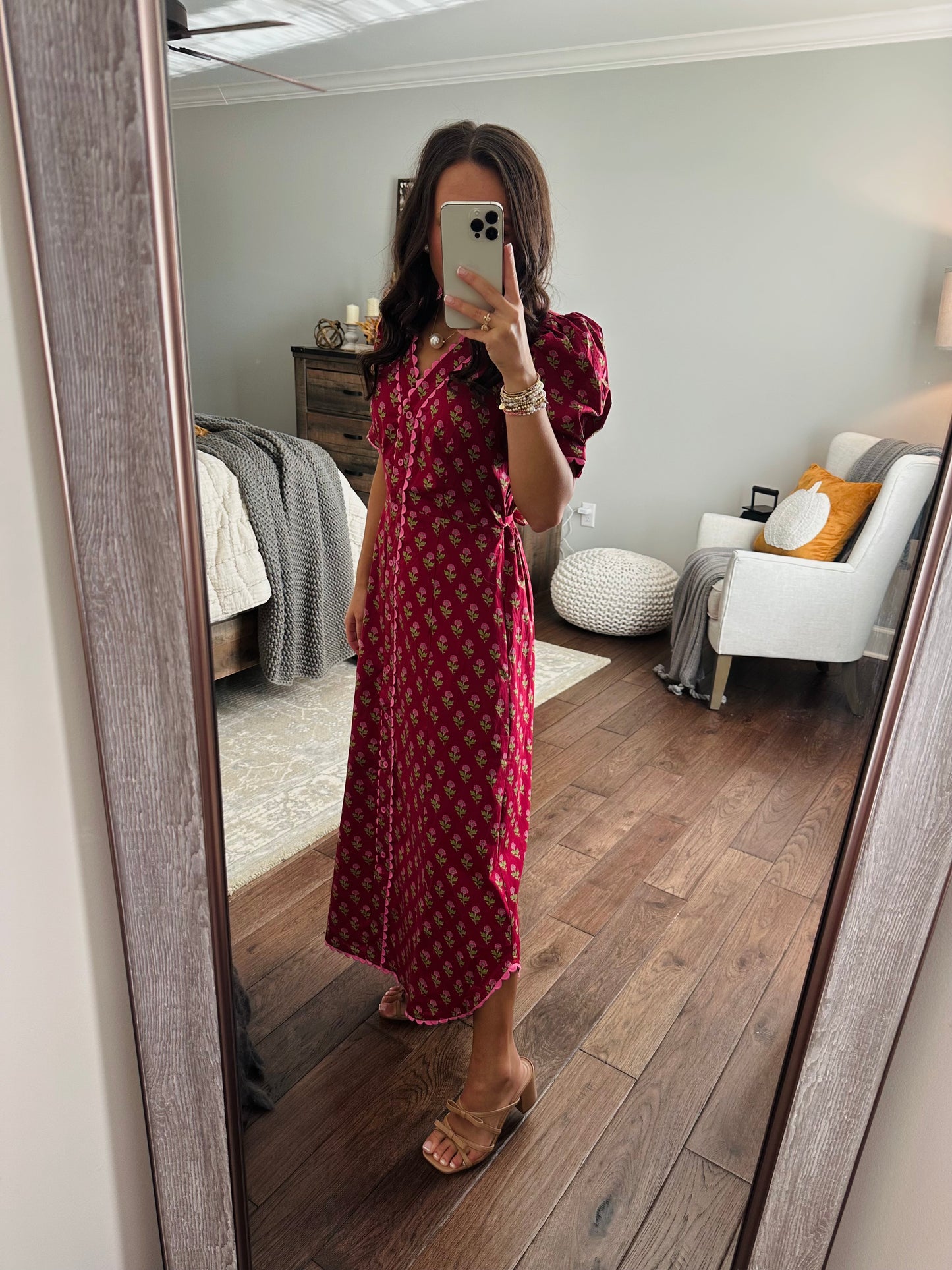 The Charlotte Burgundy Floral Scallop Trim Midi Dress