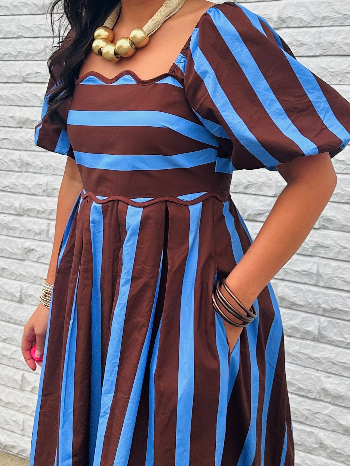 The Reagan Brown Striped Midi Dress