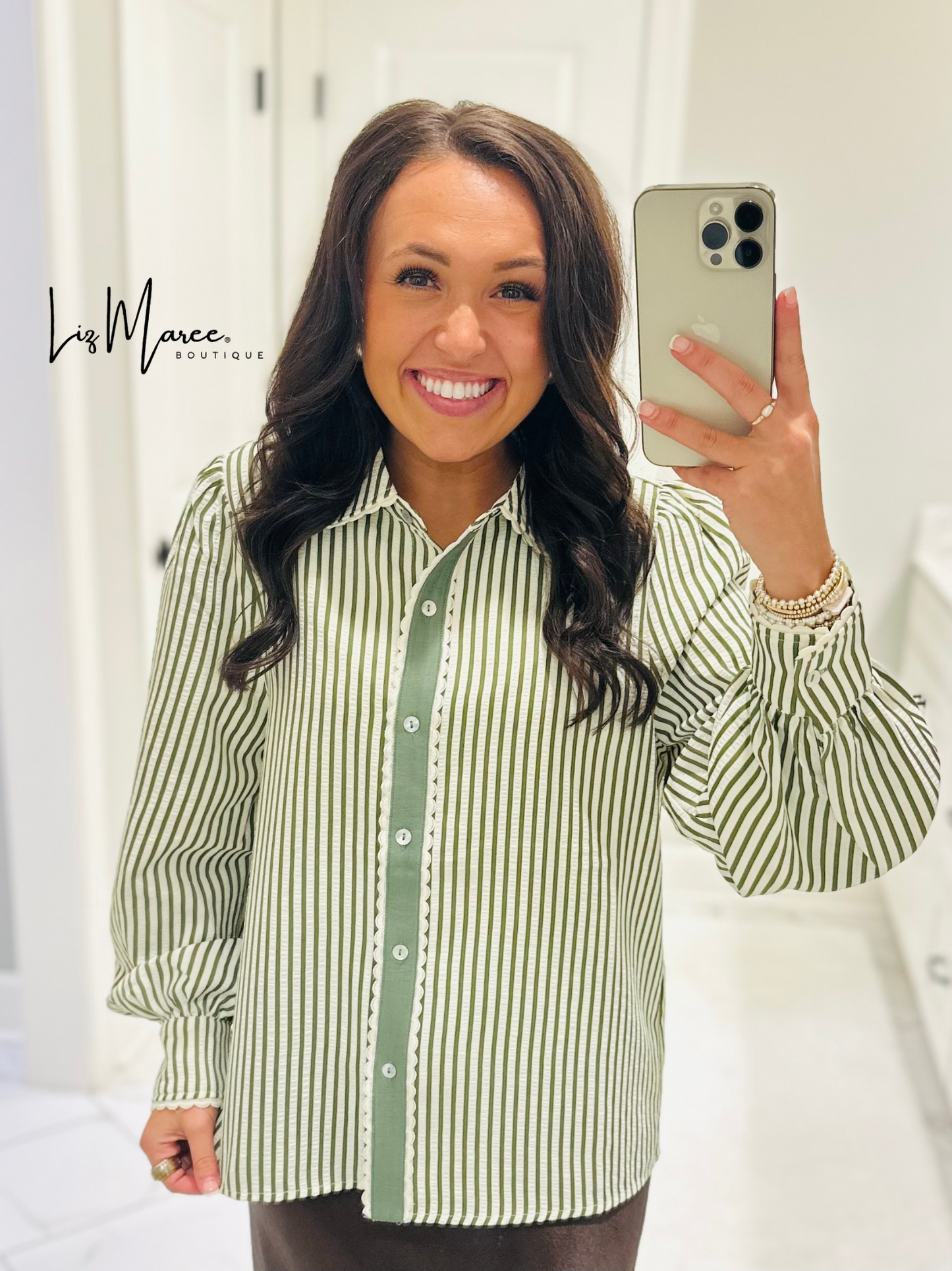 The Kathy Olive Green Striped Scallop Top