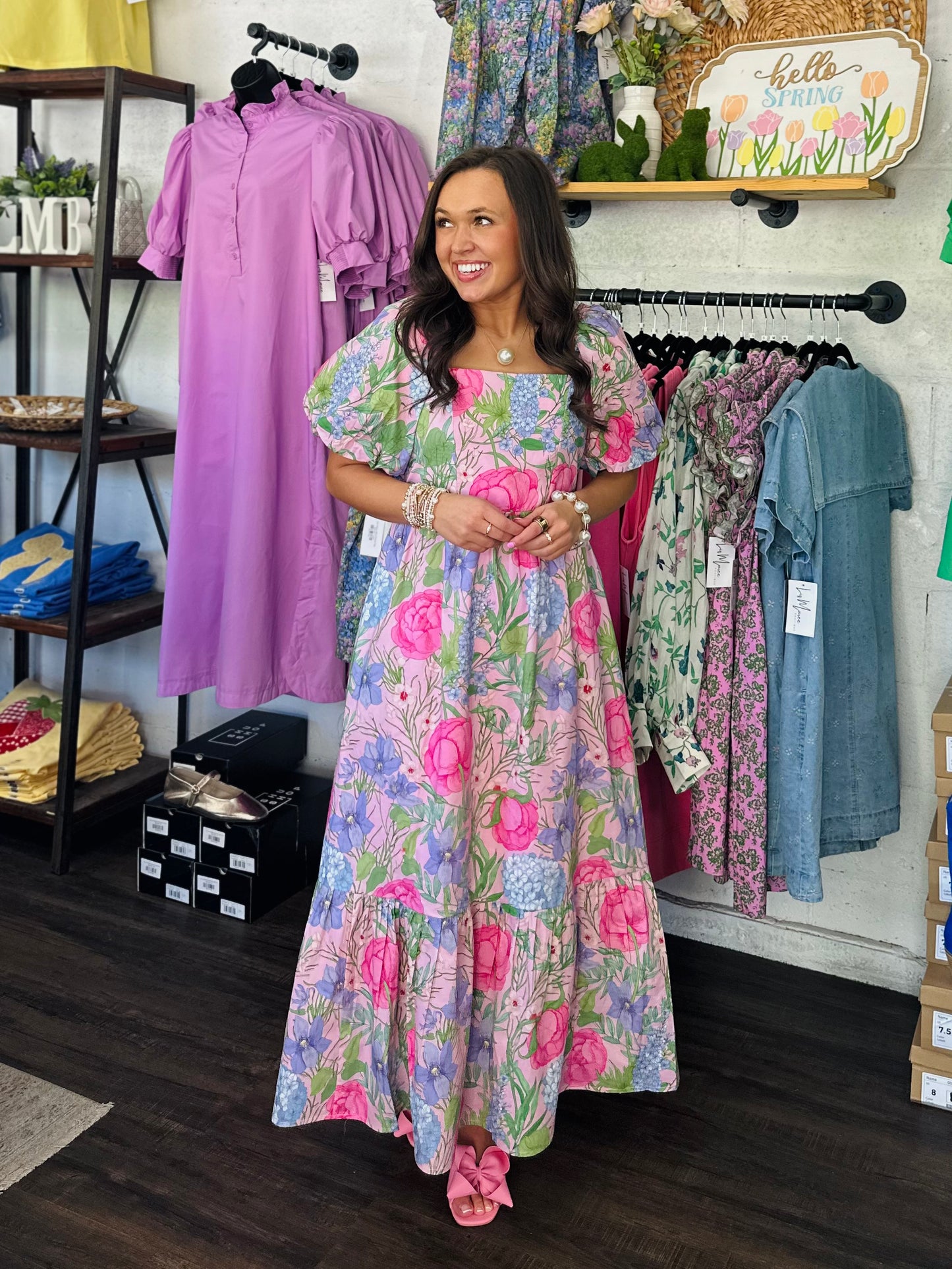 The Danyale Pink Floral Bow Midi Dress