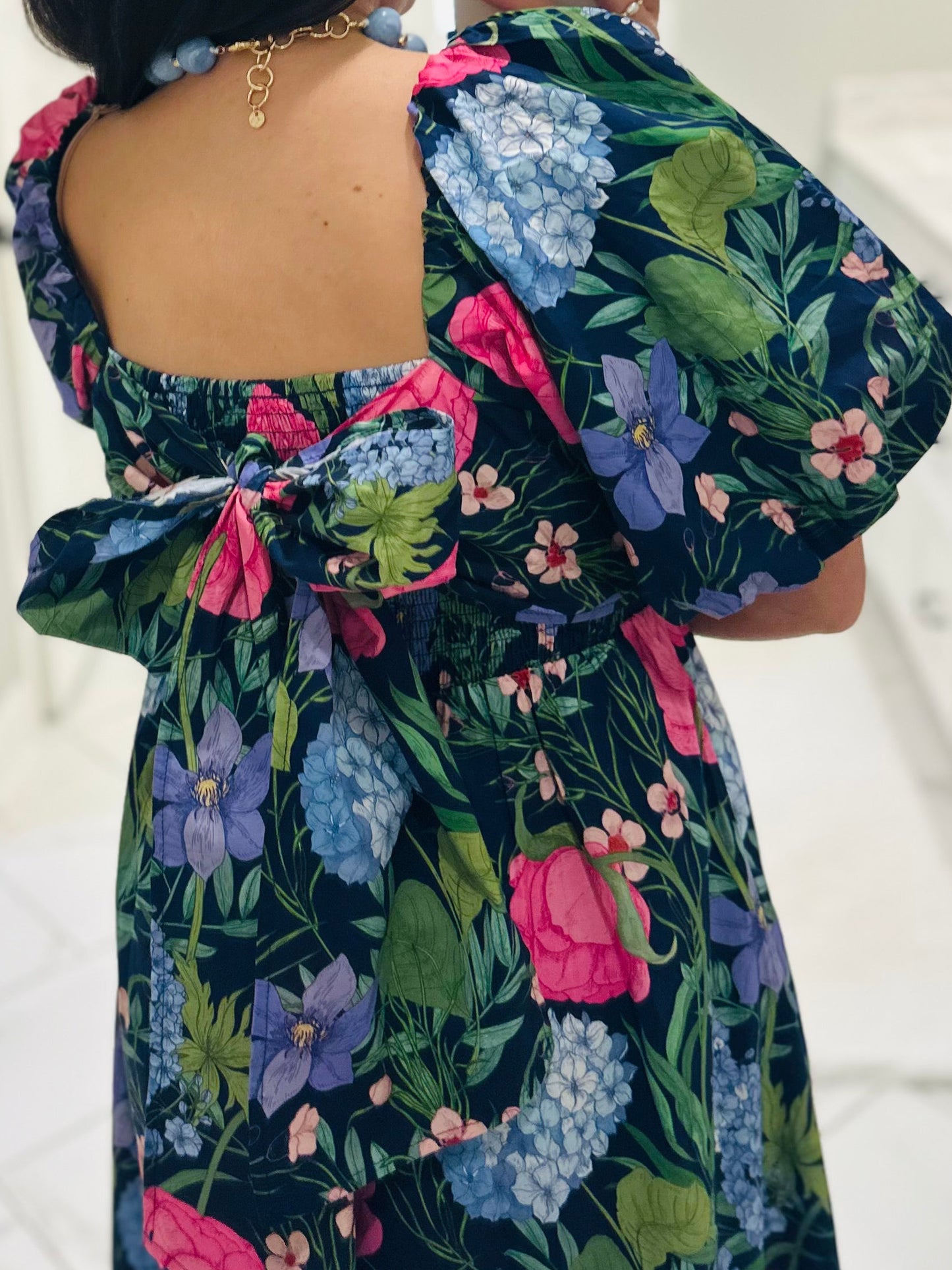 The Danyale Navy Floral Bow Midi Dress