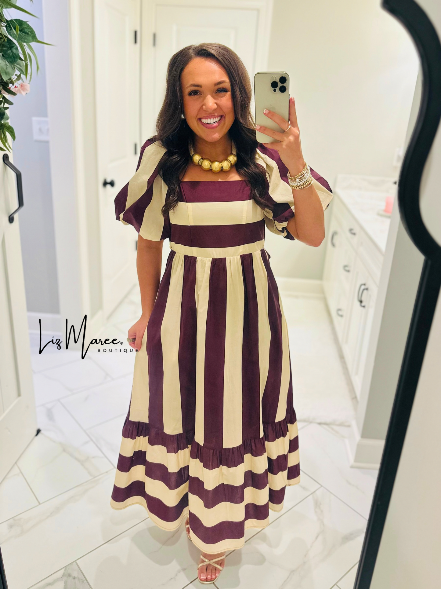 The Danyale Merlot Striped Bow Midi Dress