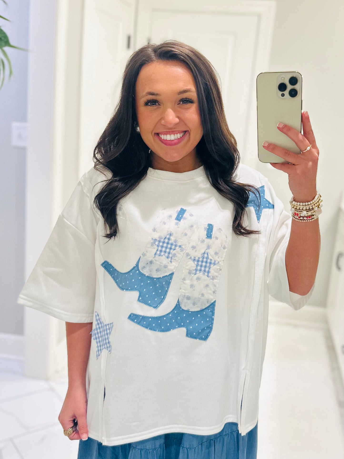 The Blaire Blue Cowboy Boot Star Patchwork Tee