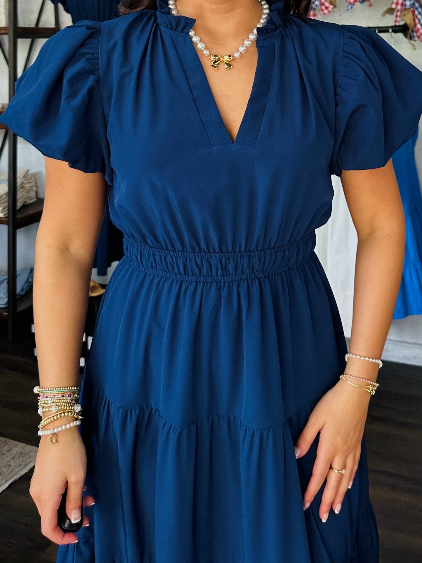 The Elizabeth Navy Puff Sleeve Midi Dress