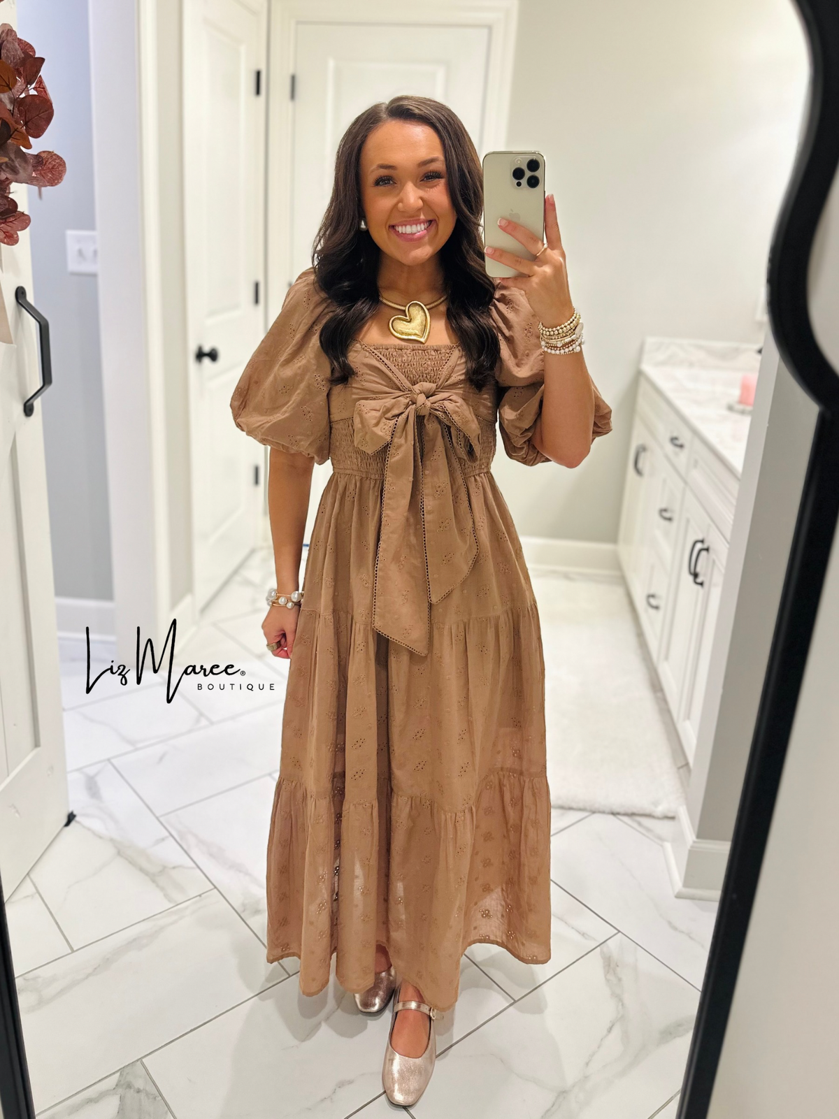 The Isabelle Light Brown Eyelet Bow Midi Dress
