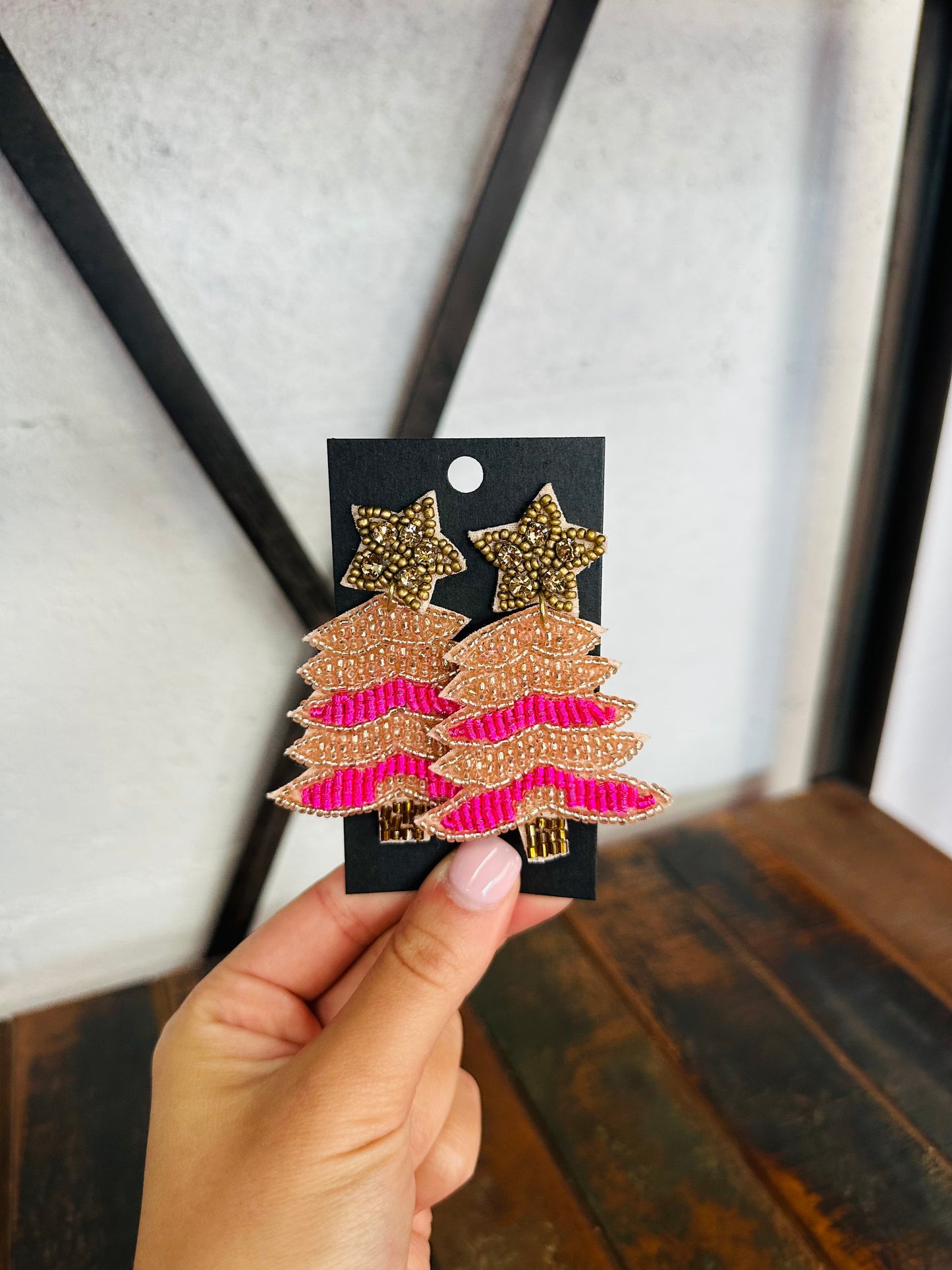 Brown + Pink Christmas Tree Beaded Earring
