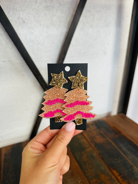 Brown + Pink Christmas Tree Beaded Earring