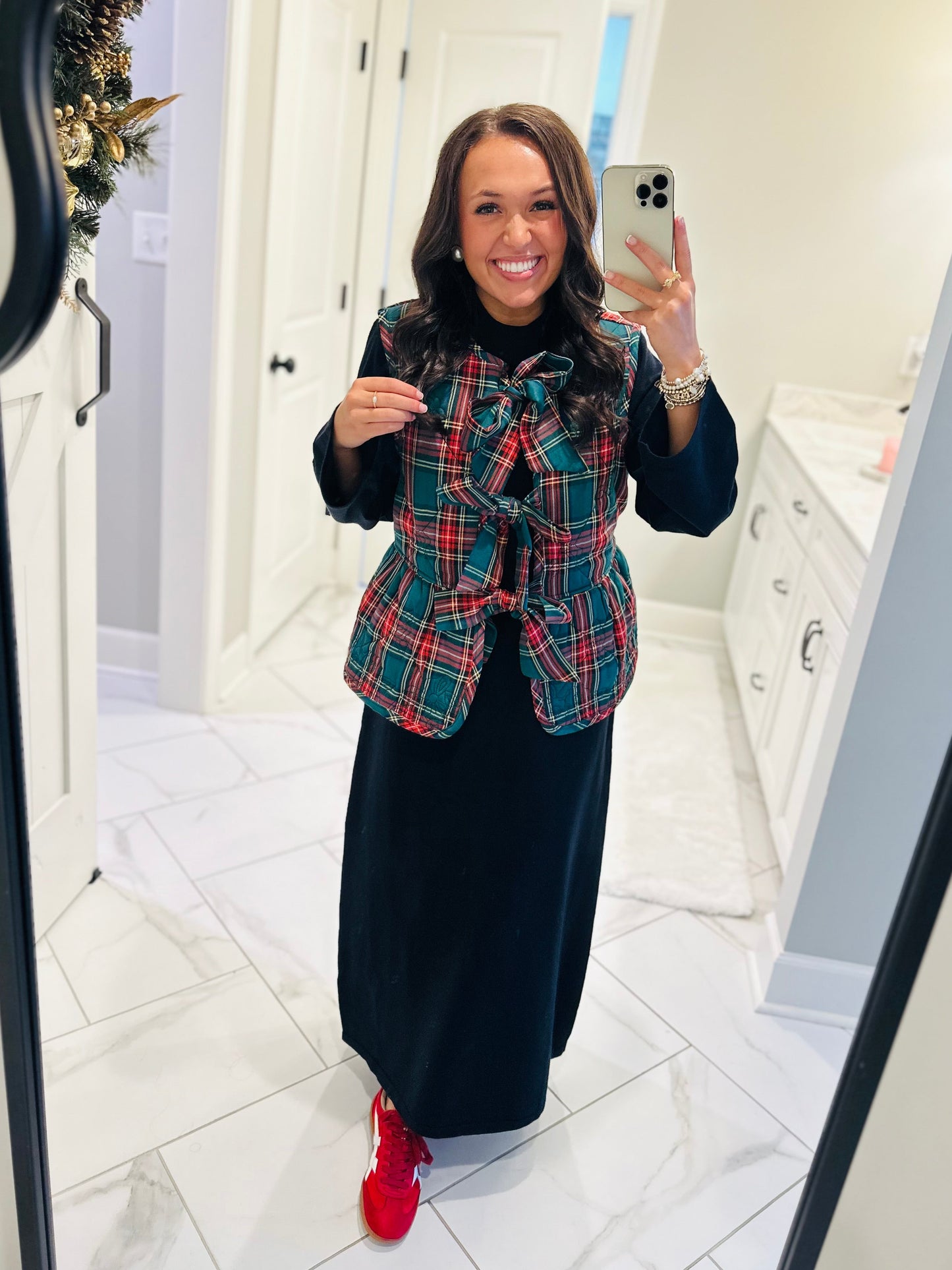 The Charity Green Plaid Quilted Bow Vest