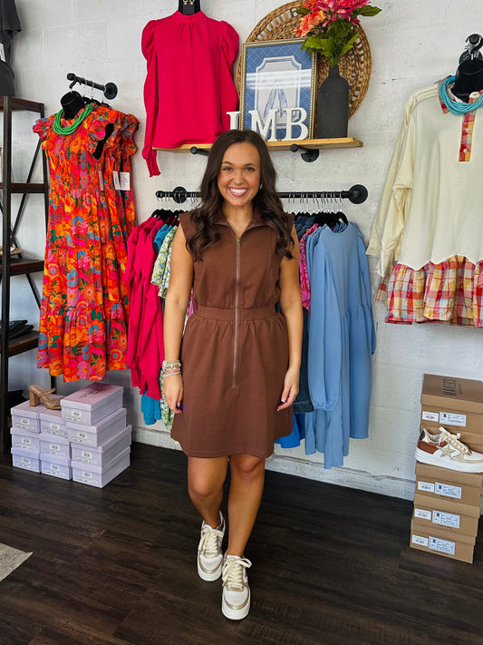The Reese Espresso Brown Zip-Front Dress