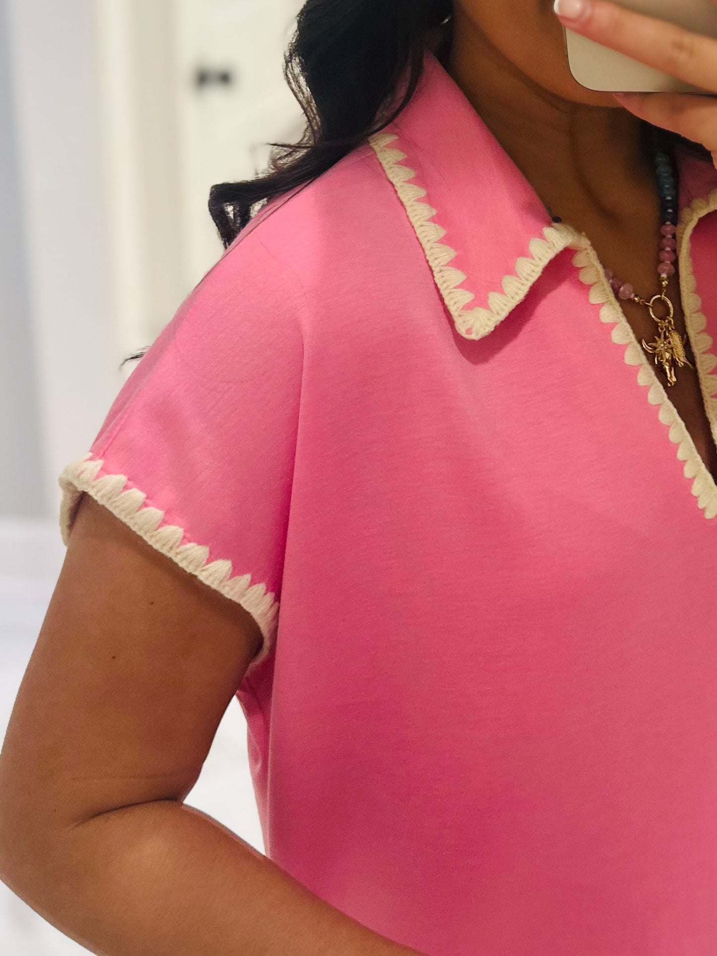 The Sarah Pink Collared Stitch Midi Dress