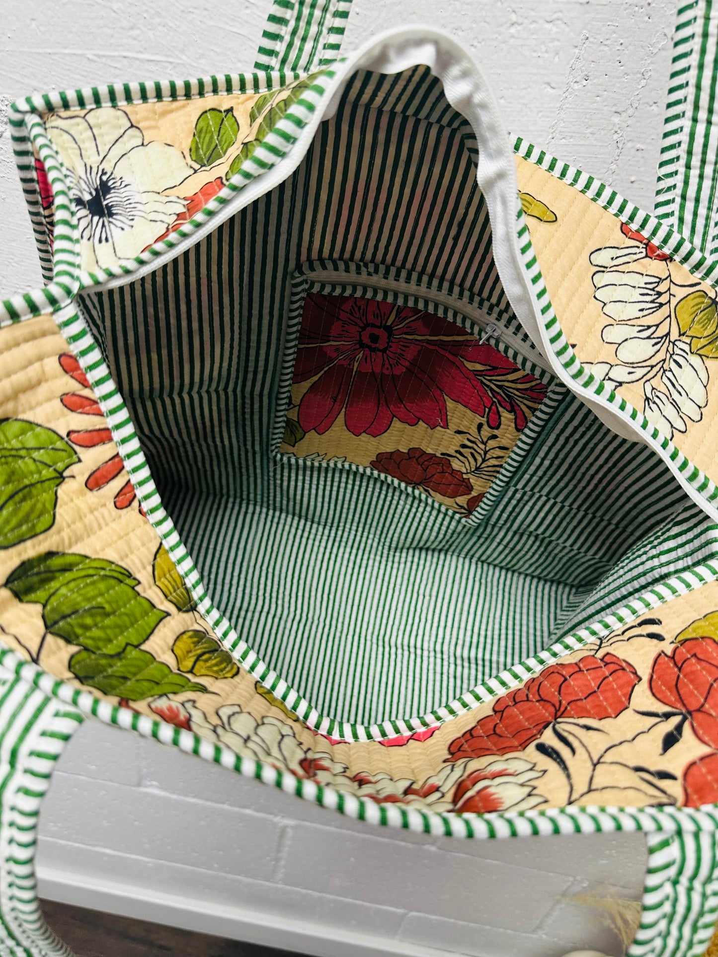 The Beige Cream Flower Power Quilted Tote Bag