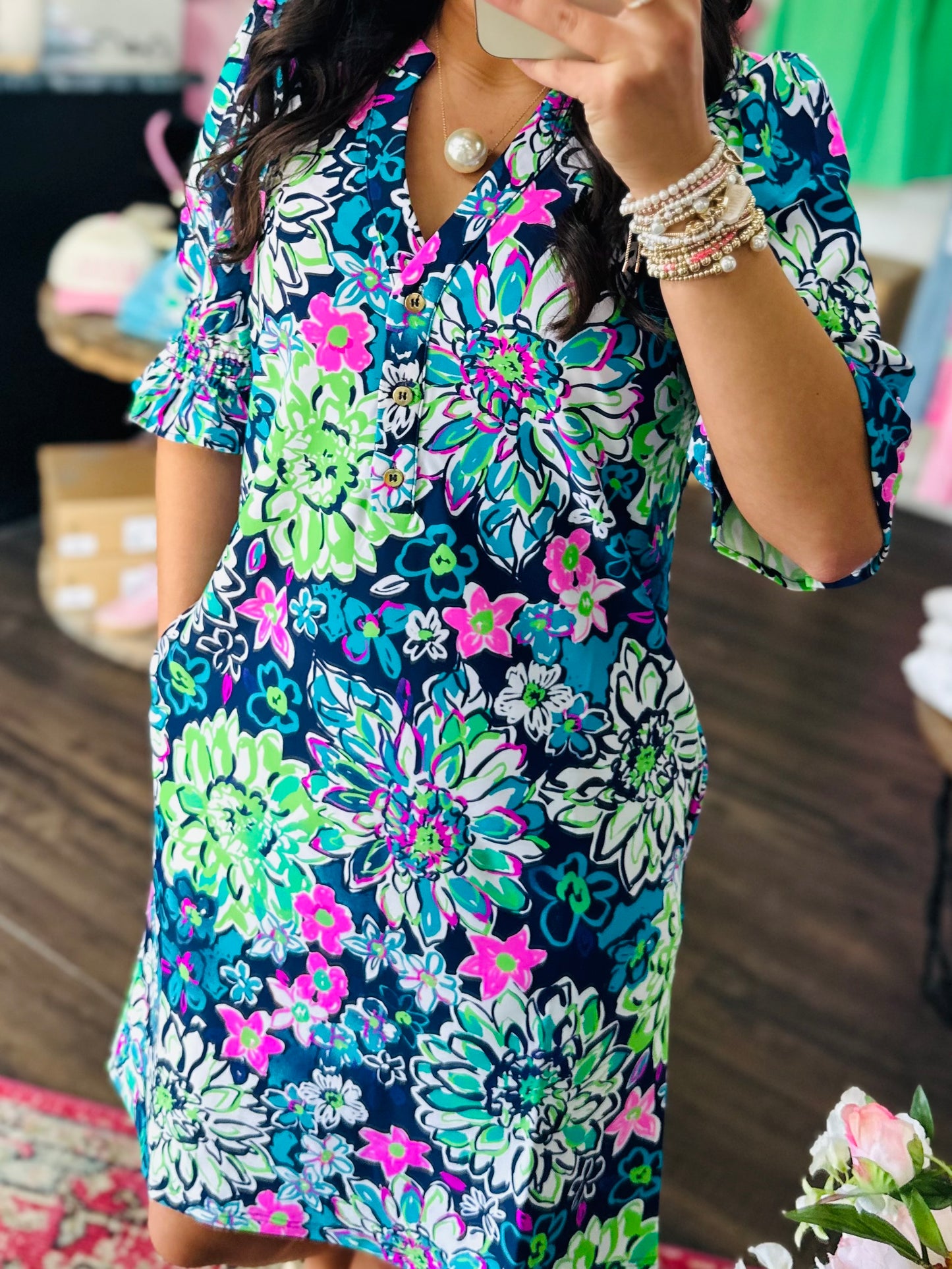 The Nova Navy Floral Ruffle Sleeve Dress