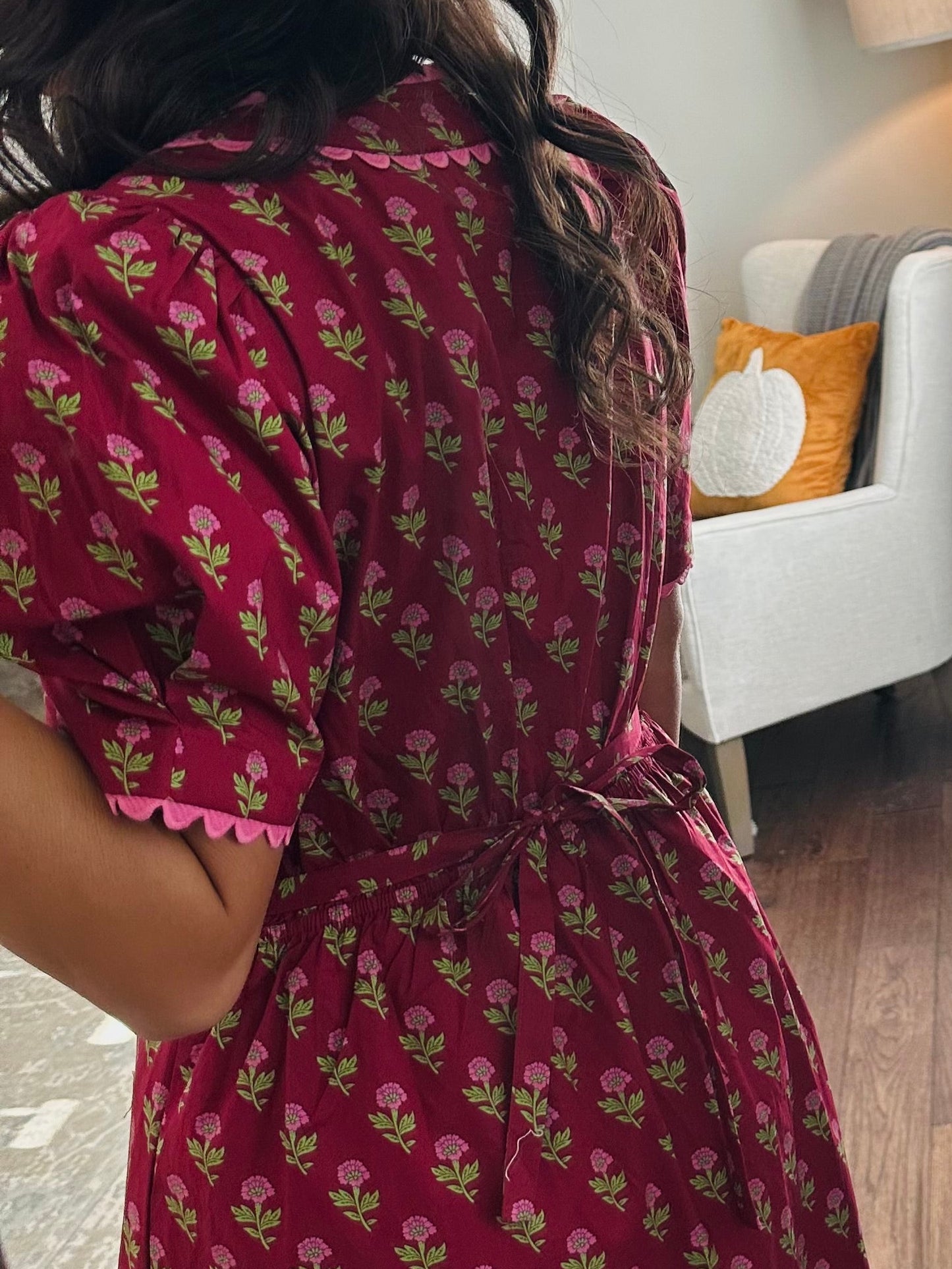 The Charlotte Burgundy Floral Scallop Trim Midi Dress