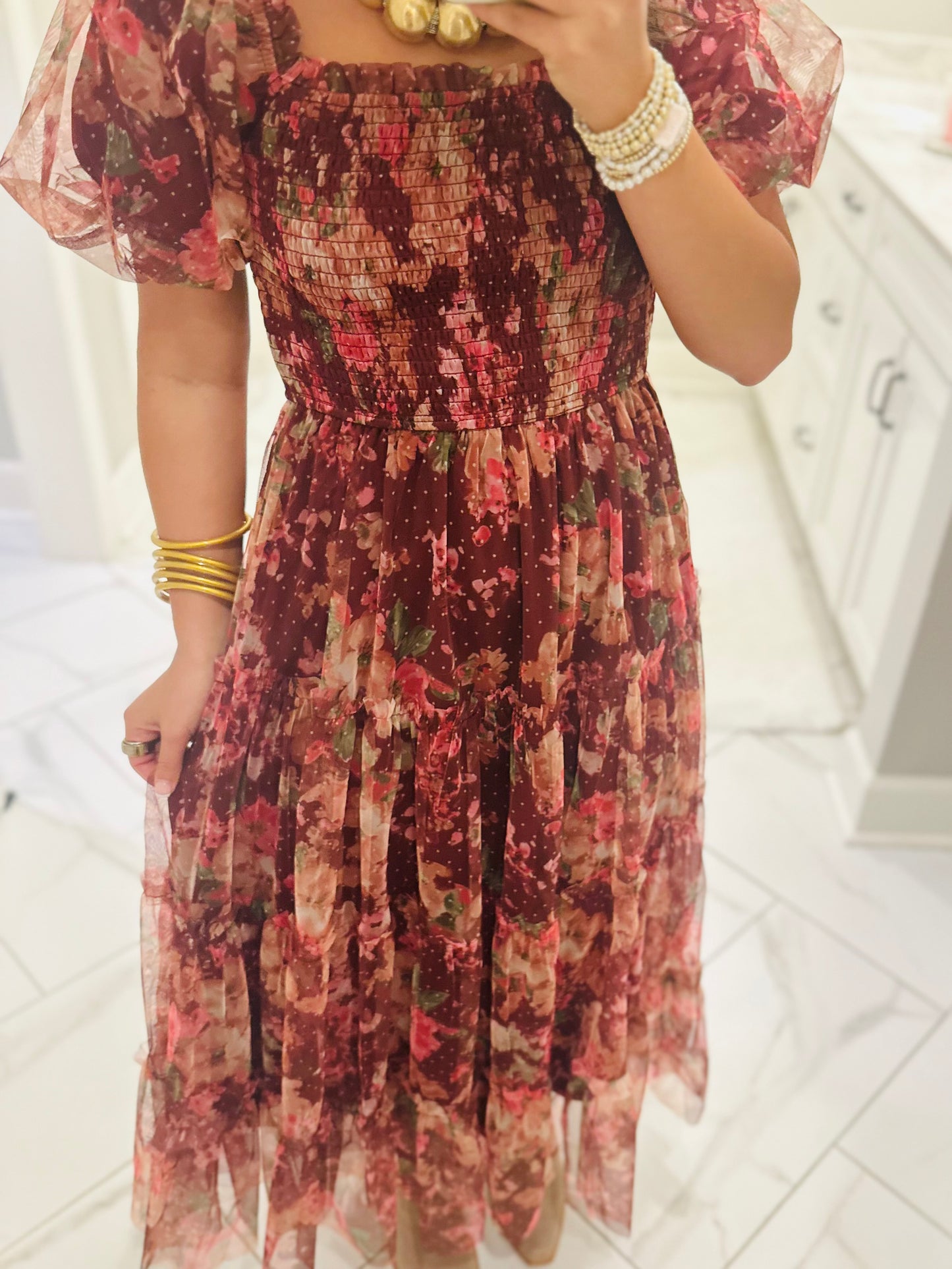 The Halston Burgundy Floral Polka Dot Midi Dress