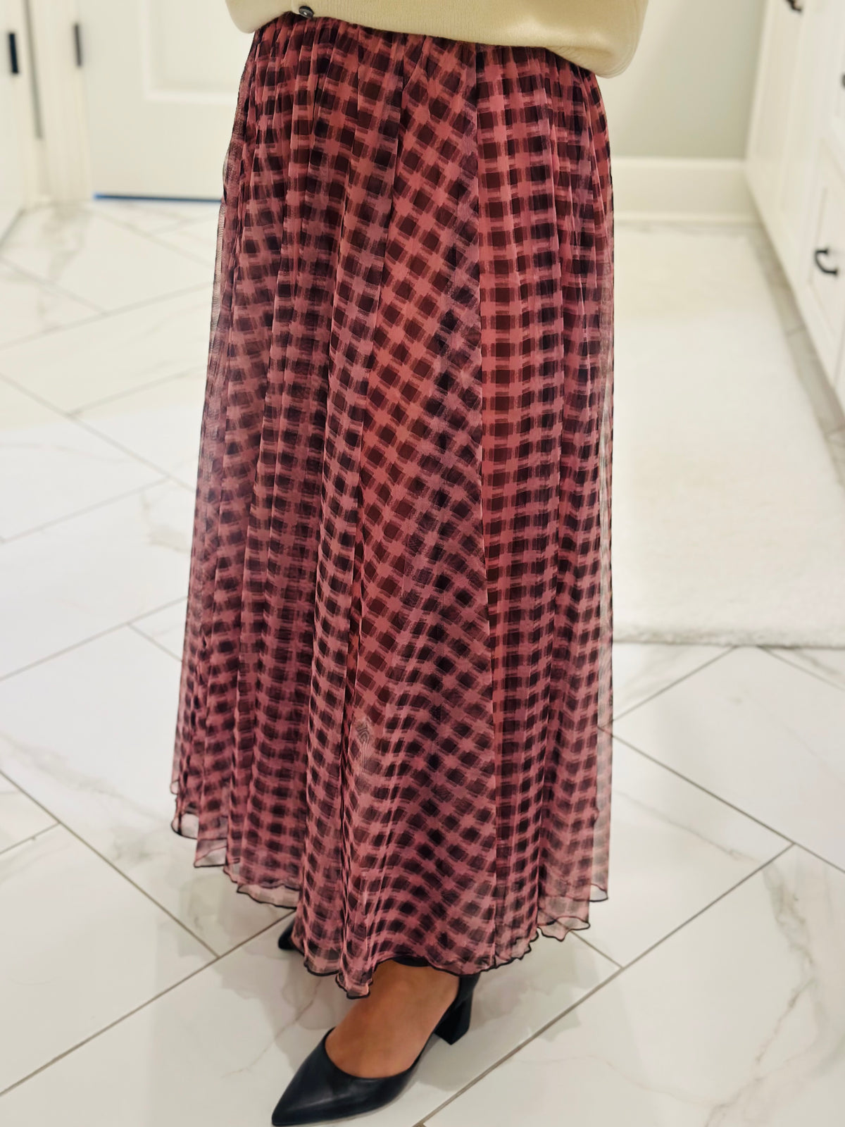 The Ada Pink + Brown Gingham Maxi Skirt