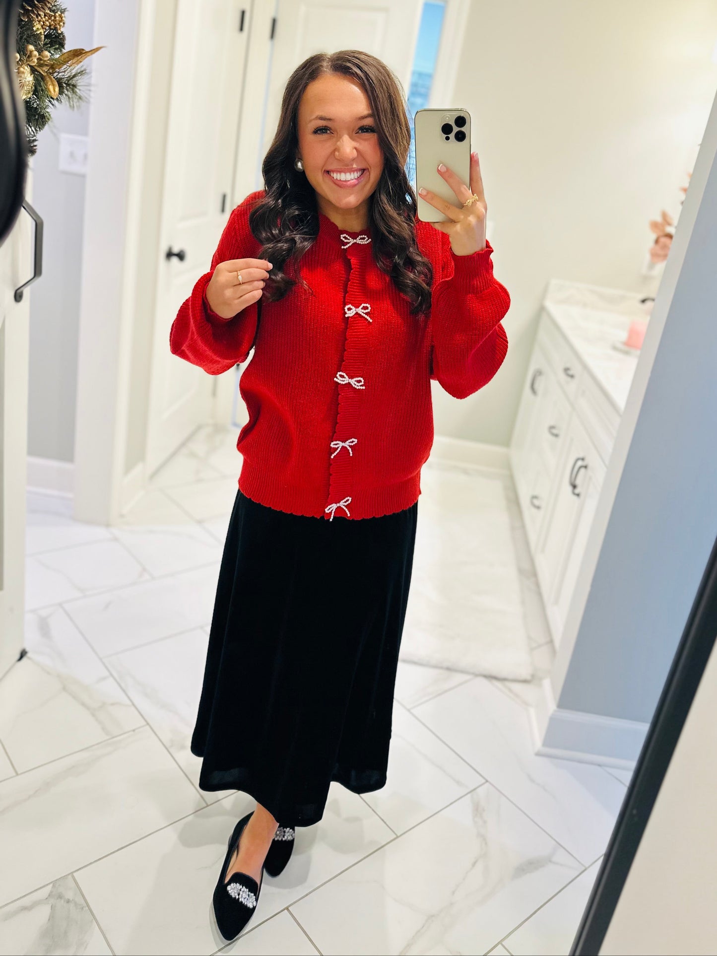 The Gloria Red Knit Bow Cardigan