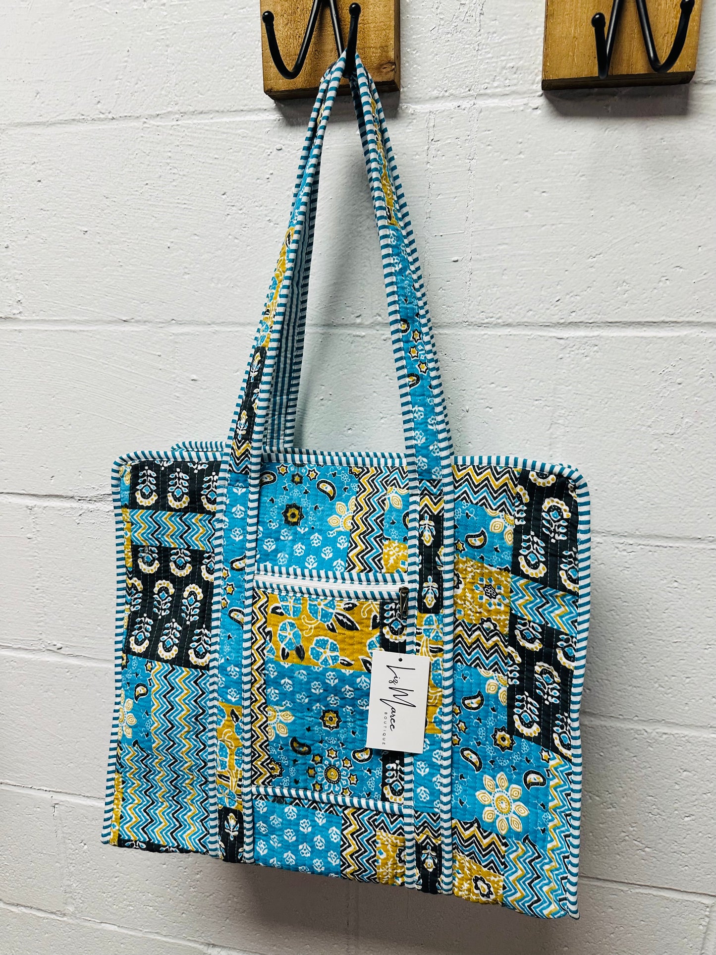 The Blue + Black Multi Pattern Quilted Tote Bag