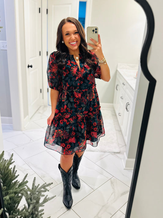 The Briala Black Floral Tiered Dress