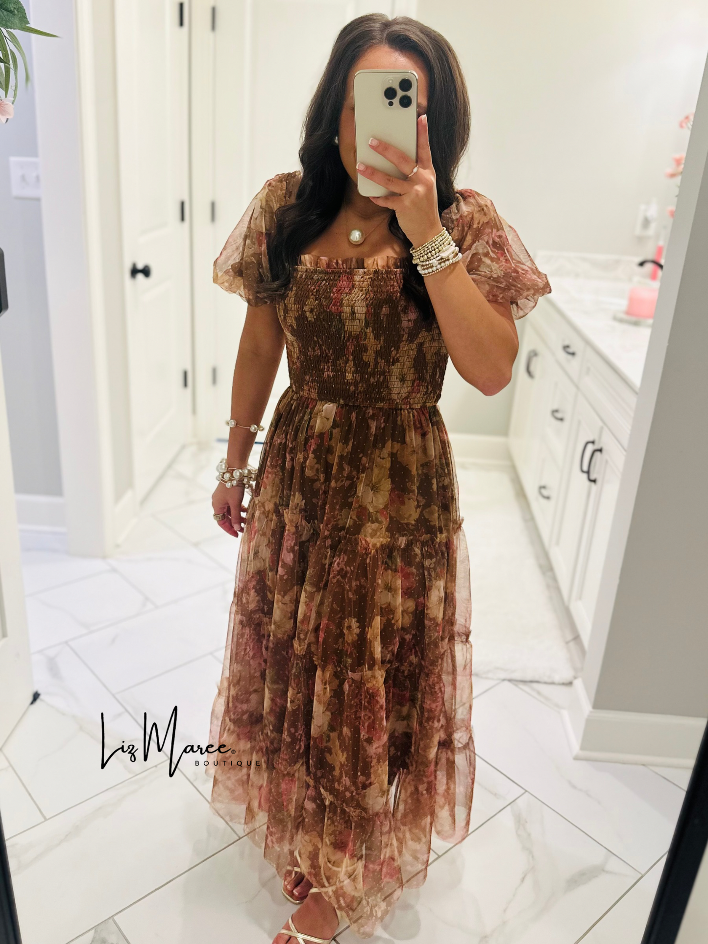 The Halston Light Brown Floral Polka Dot Midi Dress