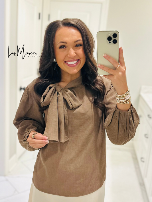 The Lorie Coco Brown Long Sleeve Bow Top