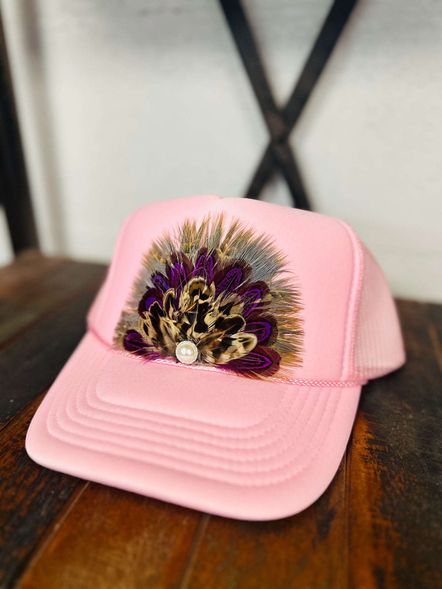 Light Pink Feather + Pearl Trucker Hat